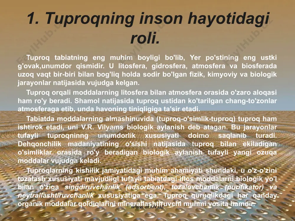 ladi. insonning ta'siri ayniqsa sug'oriladigan erlarda kuchli bo'lib, sug'orib ekin ekayotganda ilg'or agrotexnika qoidalariga rioya qilinsa, (sug'orish qoida va me'yorlariga rioya qilish, erlarning meliorativ holatini yaxshilash va b.q.) tuproqning holati, fizik-kimyoviy va biologik xususiyatlari yaxshilanib, uning hosildorligi ortib boradi. www.arxiv.uz www.arxiv.uz tabiatda shamol va suv ta'sirida tuproqning emirilishi yoki eroziyasi kuzatiladi. lekin bugungi kunda kishilarning tuproqqa noto'g'ri munosabatda bo'lishi tufayli, ya'ni tik erlarni noto'g'ri haydash, bostirib sug'orish, o'simliklarga noto'g'ri munosabatda bo'lishi, qayta sho'rlanish, zaxarli kimyoviy moddalar solish va boshqalar tuproq eroziyasini vujudga keltirib chiqaradi. antropogen eroziya tuproq resurslaridan noto'g'ri foydalanishining oqibati bo'lib, uning asosiy sabablari o'rmon va to'qaylarni qirqib yuborish, yaylovlarda chorva mollarini boqish normasiga amal qilmaslik, dehqonchilik yuritishning noto'g'ri usullaridan foydalanish va boshqalardir. ma'lumotlarga ko'ra, har kuni yer yuzida eroziya natijasida 3500 gektar unumdor tuproqli erlar ishdan chiqadi. suv eroziyasi ko'proq tog' oldi va tog'li rayonlarda, shamol erozmiyasi kuzatiladi. eroziya jarayonlarining oldini olish uchun o'simlik qoplamini tiklash, agrotexnik tadbirlarni …