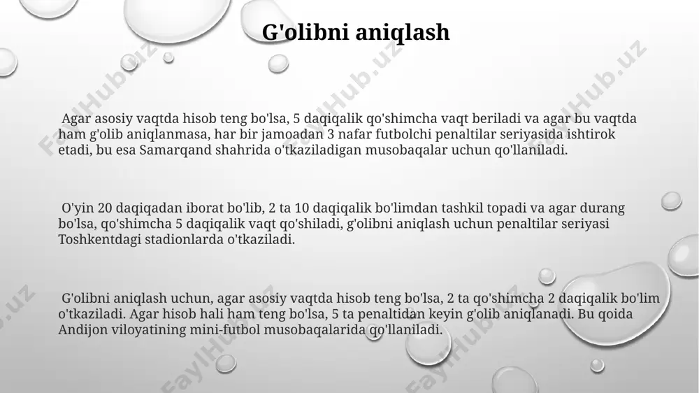 a joylashgan o'yinchi egaligiga berib o'yinni davom ettirishi kerak. o'yinni qayta boshlash uchun hakamning hushtog'i yoki 5 soniyali hisoblashdan keyin to'p o'yinni to'xtatgan joydan o'yinni davom ettiradi, agar o'yin andijonda bo'lsa, qoida shu. hakam va uning vazifalari hakam o'yin maydonchasining (masalan, 20x30 metr) chegaralarini kuzatib boradi va o'yinchilarning qoidabuzarliklarini, shu jumladan, to'pni qo'l bilan o'ynash yoki maydon chegarasidan tashqariga chiqish kabi holatlarni aniqlaydi. o'yin davomida, hakam kamida 2 nafar yordamchi hakam bilan birgalikda ishlashi va ular bilan birgalikda 11 nafar o'yinchidan iborat ikki jamoaning harakatlarini kuzatib borishi lozim. hakam o'yinning vaqtini (masalan, 2 ta 20 daqiqalik bo'lim) nazorat qiladi, gol urish holatlarini qayd etadi va o'yin tugagandan so'ng yakuniy natijani e'lon qiladi. qoidabuzarliklar va jazolar darvozabon 6 metrlik jarimona maydonchasidan tashqarida qo'lida to'pni ushlab turishi yoki 4 soniyadan ortiq ushlab turishi, qoidabuzarlik hisoblanib, raqib jamoaga bevosita 5 metrlik erkin zarba berish huquqi beriladi. maydonda 5 metrdan yaqin masofada to'pni qo'lda …
