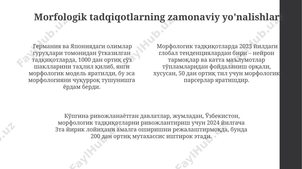 q yasaladi. so'z yasalishi jarayonlarini morfologik tahlil qilishda, 3 ta asosiy tur – affiksatsiya, kompozitsiya va konversiya – samarqanddagi filologiya institutining tadqiqotlarida ko'rsatilgan. kompyuter yordamida morfologik tahlil kompyuter yordamida morfologik tahlil jarayonida, 5000 dan ortiq soʻz shakli mavjud boʻlgan oʻzbek tili lugʻati, toshkent shahridagi olimlar tomonidan ishlab chiqilgan dasturiy ta'minot yordamida tahlil qilinadi. morfologik tahlilning aniqligi, 20 turdagi morfologik xususiyatlarni aniqlash orqali, samarqand universiteti tomonidan yaratilgan algoritm asosida 95% ga yetadi. oʻzbek tili morfologik tahlili uchun 10 ga yaqin turli xil dasturiy ta'minotlar mavjud boʻlib, ularning har biri turli yondashuv va algoritmlarga asoslangan, masalan, bayes statistikasi yoki sun'iy intellekt texnologiyalari. nostandart so'zlarni tahlil qilish nostandart so'zlarni tahlil qilishda, masalan, 2023-yilda o'zbekiston milliy ensiklopediyasi ma'lumotlar bazasidan 5000 dan ortiq yangi paydo bo'lgan so'zlarni tahlil qilish orqali ularning morfologik tuzilishi va lug'aviy ma'nolarini aniqlash mumkin. ingliz tilidagi "neologizm" atamasi bilan o'xshash, nostandart so'zlarni tahlil qilishda, 1990-yillardan keyin paydo bo'lgan 3 ta asosiy …