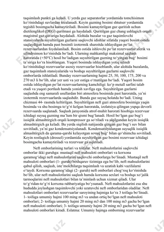 stral gaz quvuridan va oraliq quvuriorqali chang ushlagichga keladi. kelayotgan gazning bosimi 2,5 mpa atrofida bo‘ladi. u yerda gaz turli mexanik iflosliklardan tozalanib gazomotokompressorlarga keladi. kompressor sexida gk turidagi motokompressorlar o‘rnatilgan bo‘ladi. kompressorlar yordamida gaz ikki pog‘onada siqilib, uning bosimi 11-12,5 mpa gacha ko‘tariladi. siqilish jarayonida isigan gazning harorati (har bir siqish pog‘onasidan keyin) sovitgichlar yordamida (50–60°ñ) gacha sovitiladi va tarkibi kompressorlardan o‘tgan yog‘lardan tozalanadi. òozalash siklon separatori ko‘mir adsorberi va keramik filtri yordamida amalga oshiriladi. siklon separatori da gaz kondensatsiyalangan og‘ir uglevodorod va yog‘ zarrachalaridan tozalanadi (birinchi pog‘ona tozalash). ikkinchi pog‘ona tozalash jarayoni ko‘mirli adsorber da amalga oshiriladi. juda mayda yog‘ zarrachalari (diametri 20–30 mkm) adsorber ichidagi faollashtirilgan ko‘mirga yutiladi. gazdagi o‘ta mayda yog‘ bug‘lari esa keramik filtr da ajratilib olinadi. sovitilgan va yog‘lardan tozalangan gaz gazni taqsimlash punkti ga keladi. u yerda gazni quduq lar bo‘yicha taqsimlash va haydalayotgan gaz hajmini aniqlash ishlari bajariladi. foydalaniladigan quduq lar orqali …