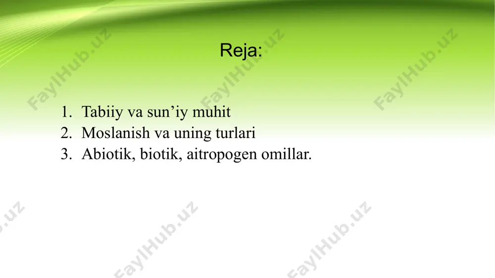 , smartfonlar, robotlar va boshqa texnologik vositalar sun'iy muhitning ajralmas qismidir. ular insonlar uchun ko'plab imkoniyatlar yaratadi va hayotni osonlashtiradi. sun'iy ekotizimlar: bog'lar, parklar, akvariumlar va sun'iy ko'llar kabi joylar ham sun'iy muhitning bir qismidir. ular insonlar uchun dam olish va tabiiy muhitni saqlash imkonini beradi. transport tizimlari: avtomobillar, poyezdlar, samolyotlar va boshqa transport vositalari insonlarni bir joydan boshqa joyga ko'chirish uchun xizmat qiladi. ular sun'iy muhitning ajralmas qismidir. energiya va resurslar: elektr energiyasi, gaz, neft va boshqa resurslar sun'iy muhitda yashash uchun zarur bo'lgan sharoitlarni yaratadi. ular insonlar uchun qulay va xavfsiz hayot sharoitlarini ta'minlaydi. sun'iy muhit inson hayoti va taraqqiyoti uchun muhim ahamiyatga ega bo'lib, u tabiiy muhitga nisbatan ko'plab imkoniyatlar va qulayliklar yaratadi. ammo, sun'iy muhitning tabiiy muhitga ta'sirini kamaytirish va atrof-muhitni saqlash uchun hamma birdek mas'uldir. moslanish va uning turlari moslanish organizmlarning atrof-muhit sharoitlariga moslashish jarayonidir. bu jarayon orqali tirik mavjudotlar o'z hayotiy ehtiyojlarini qondirish uchun …