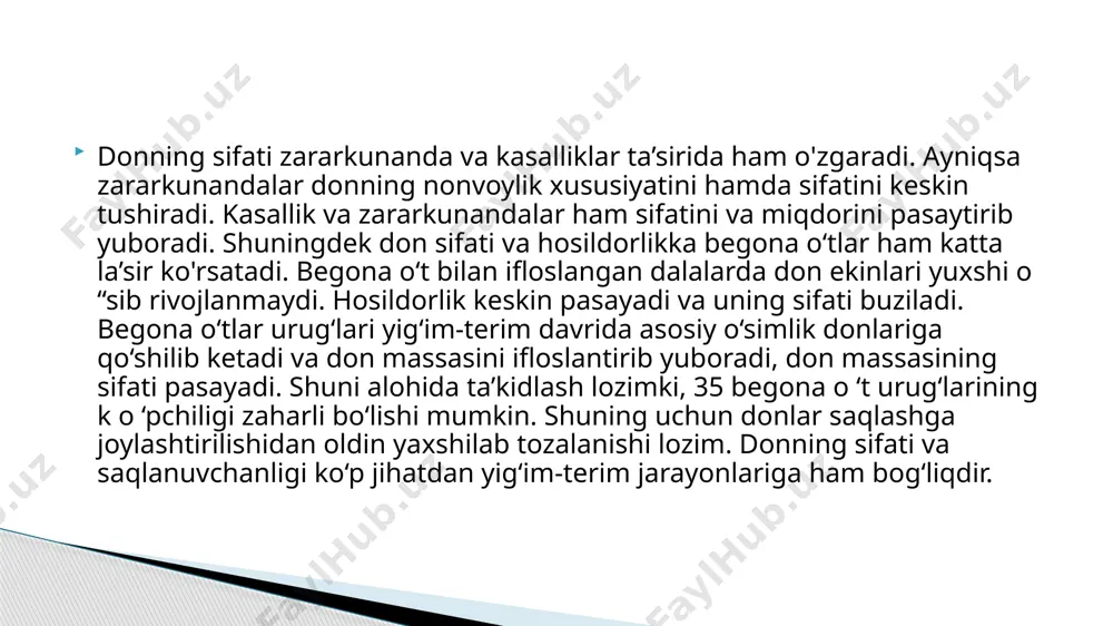urchagi deganda tekis yuzaga erkin to ‘kilayotgan don hosil qilgan konussimon shaklning yuzaga nisbatan burchagi tushuniladi. donning sochiluvchanligiga ko‘pgina omillar ta’sir etadi. bulaming eng asosiylari quyidagilardir: donning granulometrik tarkibi va granulomarfologik xarakteri (shakli, o‘lchami, don yuzasining tuzilishi va ko‘rinishi), namlik, aralashmalar turi va miqdori, material, don massasi oqib tushadigan yuzaning shakli va tuzilishi. yuzasi silliq, sharsimon shaklga ega bo‘lgan urug‘lardan (no‘xat, tariq, lyupin) tashkil topgan don massasi yuqori sochiluvchanlikka, shuningdek nisbatan kichik ishqalanish burchagi va tabiiy oquvchanlik qiyaligiga ega bo‘ladi. donchilik va o'simlikshunoslik kursidan bizga ma’lumki, tashqi muhit omillari o‘simliklarni rivojlanishi va hosilning shakllanishiga ta’sir etadi. shuni nazarda tutish lozimki, turli iqlim va tuproqlarga ekilgan urug‘lar turlicha rivojlanib, turli xil hosil berishi mumkin. bunga mos holda ularning kimyoviy tarkibi, tuzilishi, to‘liqligi yirikligi va boshqa texnologik sifat ko'rsatkichlari har xil bo‘ladi. don sifatiga o‘g‘itlash ham katta ta’sir ko‘rsatadi. mavsumiy iqlim sharoitlari ham don sifatiga keskin ta’sir ko‘rsatadi. masalan yig‘im-terim oldidan va …