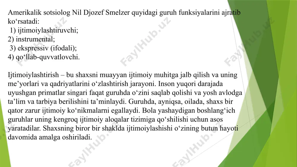 i – o‘qish, professional malaka orttirib, mutaxassis bo‘lib yetishish. guruhning avtonomligi darajasi ham ma’lum ahamiyatga ega omil, chunki har bir a’zo umumiy maqsad asosida birlashgan bo‘lsa ham, ularning har birining o‘z burch va vazifalari bor va shu nuqtai nazardan har bir odam o‘z imkoniyatlarini o‘zicha ishga solib, o‘zaro munosabatlarga sabab bo‘ladi. guruhning psixologik tizimga ta’sir etuvchi omillarga yana ularning jinsiy, yosh jihatdan, ma’lumoti va malakasi nuqtai nazaridan farq qiluvchi va uyg‘unlikni tashkil etuvchi omillar ham kiradi. guruhning uyushganligi ham dinamik ko‘rsatgichlardan bo‘lib, shu nuqtai nazardan har bir guruh bir-biridan farq qiladi. katta guruhlar psixologiyasi . katta guruhlar kishilarning shunday birlashmalariki, undagi odamlar soni avvalo ko‘pchilikni tashkil etib, ma’lum sinfiy, ilmiy, irqiy, professional belgilar ularning shu guruhga mansubligini ta’minlaydi. katta guruhlarni tashkil etuvchilar ko‘p sonli bo‘lganligi va ular xulq-atvorini belgilovchi mexanizmlarning o‘ziga xosligi tufayli bo‘lsa kerak, sotsial psixologiyada olimlar ko‘pincha kichik guruhlarda ish olib borishini afzal ko‘radilar. lekin katta kishilar uyushmasining …