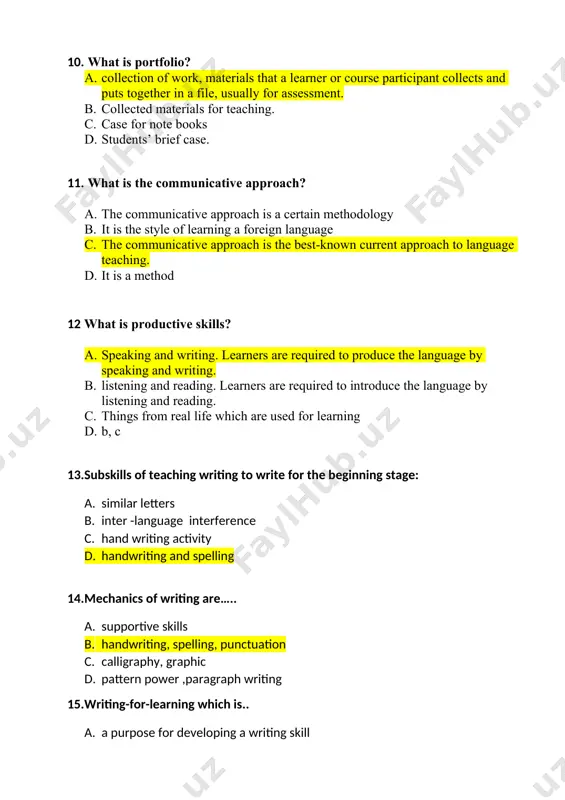 anics of writing. 18.what is intensive reading? a. retelling a text for a teacher to check learners’ understanding of the text b. reading a text quickly to get the main idea c. reading a text quickly to find specific information (names, places, dates, numbers, etc.) d. reading carefully for detailed understanding (e.g., main ideas, vocabulary, details) 19. a good reading lesson has… a. post, while, start b. pre, while, conclusion c. pre, while and post stages d. beginning and ending 20. a type of speed reading technique which is used when the reader wants to locate a particular piece of information without necessarily understanding the rest of a text or passage. for example, the reader may read a chapter of a book as rapidly as possible in order to find out information about a particular date, such as when someone was born. a. scanning b. skimming c. intensive reading d. …