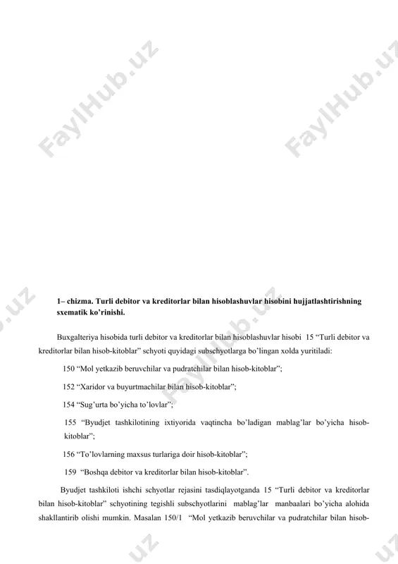 ari harajatlariga naqt pul olish uchun g’aznachilik bo’limlariga o’z vaqtida so’rovnomalarni taqdim etish; · debitorlik va kreditorlik majburiyatlar bo’yicha to’lovlarni o’z vaqtida amalga oshirilishini ta’minlash; · ish haqi va unga tenglashtiriladigan to’lovlar bo’yicha xodimlar bilan hisoblashuvlarni o’z vaqtida amalga oshirish; · debitorlar va kreditorlarni buxgalteriya hisobvaraqlarda holati va xarakatini aks ettirib borish; · debitorlar va kreditorlar hisobi bo’yicha to’liq hamda aniq buxgalteriya axborotlarini shakllantirish va boshqalar. debitorlar va kreditorlarni hisobda aks ettirish uchun schyotlar rejasida quyidagi schyotlar belgilangan: 15 “turli debitor va kreditorlar bilan hisob-kitoblar”; 16 “byudjet va byudjetdan tashqari jamg’armalar bilan hisob-kitoblar”; 17 “xodimlar va stipendiya oluvchilar bilan hisob-kitoblar”; 18 “boshqa hisob-kitoblar”. bu schyotlar aktiv-passiv schyotlar hisoblanib debet tomonidagi qoldiq summa debitorlik qarzni, kredit tomonidagi qoldiq summa kreditorlik qarzdorlikni bildiradi. 2. turli debitor va kreditorlar bilan hisoblashuvlar hisobi byudjet tashkilotlarida turli debitor va kreditorlar bilan hisoblashuvlarda mol yetkazib beruvchilar va pudratchilar bilan maxsulot (ish va hizmatlar) yetkazib berish bo’yicha, …
