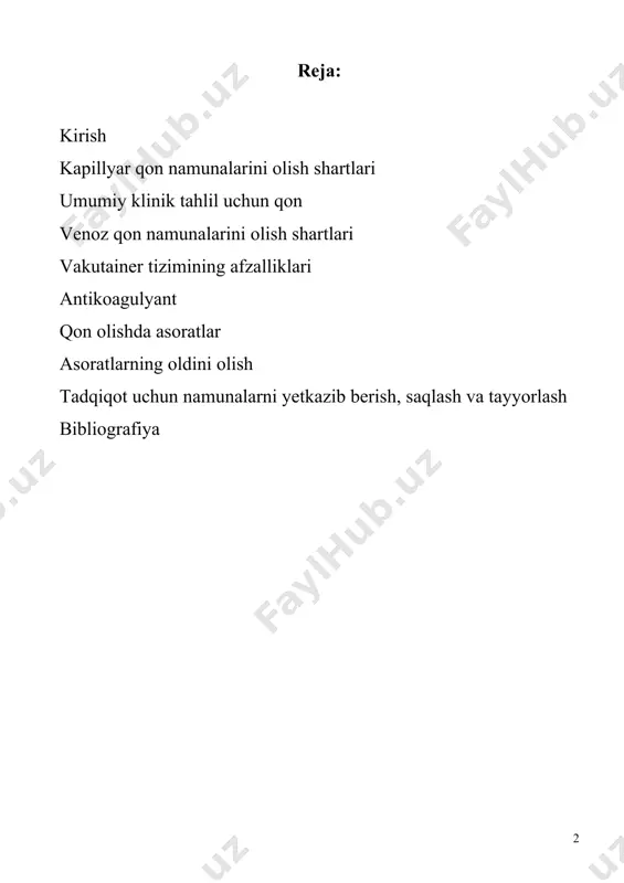 aloqlarda - tovonidan olinadi. ertalab och qoringa, jismoniy faollik va turli diagnostika muolajalarini o'tkazishdan oldin, dori-darmonlarni qabul qilish, ayniqsa parenteral yo'l bilan qo'llaniladigan qon testini o'tkazish tavsiya etiladi. materialni olish asepsiya qoidalariga rioya qilgan holda rezina qo'lqoplarda amalga oshirilishi kerak. kapillyar qon namunasini olish uchun steril bir martali ishlatiladigan nayza skarifikatorlari ("gem" kompaniyasi, medicon ltd yoaj va boshqalar) yoki lazerli perforatorlar qo'llaniladi. kapillyar qon. teshilishdan oldin bemorning barmog'ining terisi namlangan steril tampon bilan ishlanadi: 70 ° spirt. teshilish joyidagi teri quruq, pushti va issiq bo'lishi kerak, qon yaradan erkin oqishi kerak. barmog'ingizga bosim o'tkaza olmaysiz, chunki bu to'qima suyuqligining qon oqimiga kirishiga olib keladi, bu esa tadqiqot natijalarini sezilarli darajada buzadi. qonni olgandan so'ng, yara yuzasiga 70 ° spirt bilan namlangan yangi steril tampon qo'llaniladi. gematologik tadqiqotlar uchun qon namunalarini olish 3 usulda amalga oshirilishi mumkin: i. barmoq ponksiyonidan so'ng, bir necha tomchi qon (kamida 3-4) individual ob'ekt (soat) stakaniga …