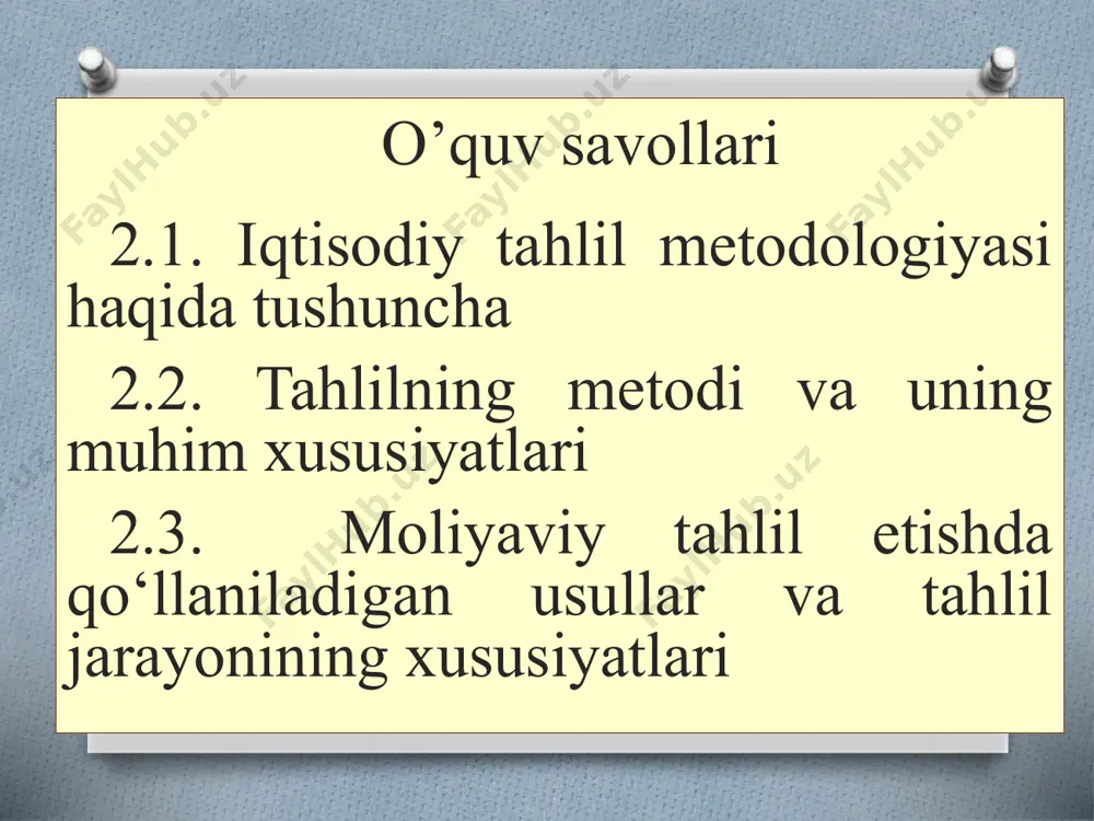 tkichlariga, erishilgan natijalariga baho berish; - xo‘jalik yurituvchi subyektning pul mablag‘larini ko‘paytirish, ularning ko‘payish vaqtini hisob-kitob qilish va natijaga erishishga umid qilishdagi qobiliyatini baholash; - xo‘jalik yurituvchi subyektning likvidligi, to‘lovga qobiliyati, ishlayotgan muhit o‘zgarishlariga munosabat bildira olishini moliyaviy holatga ta’sirini baholash. - iqtisodiy natijaviylikni o‘stirish, faoliyatning tijorat hisobdorligi, daromadlarni orttirish va moliyaviy holatni yaxshilash yuzasidan ichki imkoniyatlarini aniqlash va ularni yo‘lga qo‘yish chora-tadbirlarini belgilash; - belgilangan chora-tadbirlarni tizimli ravishda amalga oshirishdan iborat. moliyaviy tahlil fani quyidagi fanlar bilan o‘zaro aloqadordir: 2 ishlab chiqarishni tashkil etish va boshqarish; 5 statistika va informatika; 8 huquqiy fanlar bilan; 1 4 6 7 3 9 buxgalteriya hisobi va audit; mikro va makro iqtisod; rejalashtirish (biznes reja tuzish); moliya, bank, soliq masalalariga taaluqli fanlar bilan; iqtisodiy matematika va kompyuter asoslari fani bilan; tabiiy fanlar bilan va hakozolar. tahlil tamoyillari tamoyillar tasnifi davlat manfaati nuqtayi nazaridan yondashish tamoyili iqtisodiy hodisalarni, xo‘jalik jarayonlari natijalarini baholashda davlatning iqtisodiy, …