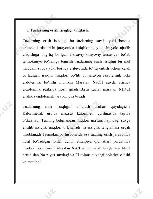 sir qiladi bu jarayonni chuqur o‘rganish biologik tizimlar va sanoat kimyoviy jarayonlari uchun katta ahamiyatga ega 2 rasm (natijalarning kimyoviy xususiyati). 2 bufer eritmalar va ularning xususiyatlari. bufer eritma – bu kuchsiz kislota va uning tuzi yoki kuchsiz asos va uning tuzidan tashkil topgan eritma bo‘lib, tashqi ta'sirga qaramasdan o‘z ph qiymatini bir xil darajada saqlash xususiyatiga ega. bufer eritmalar muvozanatni saqlashda muhim ahamiyatga ega va kislotaning yoki asosning qo‘shilishiga qarshilik ko‘rsatadi. bufer eritmalar tarkibiga kuchsiz kislota va uning kuchli asosli tuzi yoki kuchsiz asos va uning kuchli kislotali tuzi kiradi. masalan, sirka kislotasi va natriy asetatdan iborat eritma yoki ammoniy gidroksid va ammoniy xlorid aralashmasi bufer eritma hosil qiladi. bufer eritmalarni hosil qilish uchun kuchsiz kislota bilan kuchli asos yoki kuchsiz asos bilan kuchli kislota aralashtiriladi. bu jarayonda hosil bo‘lgan aralash ph qiymatini bir xil saqlash imkonini beradi. bufer eritmalar o‘z xususiyatlarini le shatelye printsipiga asoslangan holda namoyon qiladi. …