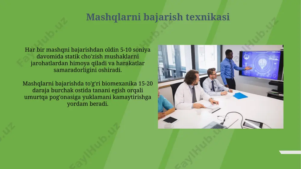 yordam beradi. yurak-qon tomir tizimini mustahkamlash to'g'ri bajarilgan kuch mashqlari yurak mushaklarini mustahkamlaydi, qon aylanishini yaxshilaydi va metabolizmni tezlashtiradi, shu bilan yurak-qon tomir sog'lig'ini yaxshilaydi. qon bosimini nazorat qilishda muntazam jismoniy mashqlar muhim rol o'ynaydi, chunki u sistol va diastol bosimini 5-10 mm hg ga kamaytirishi mumkin. shaxsiy mashg'ulot rejasini tuzish shaxsiy mashg'ulot rejasini tuzishda, har hafta kamida 150 daqiqa o'rtacha intensivlikdagi yoki 75 daqiqa yuqori intensivlikdagi aerobik mashqlarni kiritish tavsiya etiladi. mashqlar rejasiga kuch mashqlari (mushak guruhlari bo'yicha 2-3 marta haftasiga) va moslashuvchanlik mashqlari (haftasiga kamida 2 marta) kiritishi kerak. e'tiboringiz uchun rahmat @taqdimot_robot image1.jpg image2.jpg image3.jpg image4.jpg image5.jpg image6.jpg image7.jpg image8.jpg image9.jpg image10.jpg image11.jpg image12.jpg image13.jpg image14.jpg image15.jpg image16.jpg image17.jpg