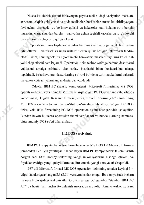 ildi. 1987 yili microsoft firmasi ms dos operatsion tizimining amalda keyingi 3-4 yilga standartga aylangan 3.3 (3.30) versiyani ishlab chiqdi. bu versiya juda ixcham va yetarli darajadagi imkoniyatlar to‘plamiga ega bo‘lganidan "standart ibm pc at" da hozir ham undan foydalanish maqsadga muvofiq. ammo tezkor xotirani quvvati bir necha megabayt bo‘lgan quvvati balandroq kompyuterlarda ms dos operatsion tizimining (5.0 va 6.0) versiyalaridan foydalanish maqsadga muvofiq. bu versiyalar quvvati 640 kbaytdan ortiq tezkor xotiradan samarali foydalanish uchun mo‘ljallangan zarur vositalarga ega, 32 mbaytdan ortiq mantiqiy disklar bilan ishlash, odatdagi xotirada amaliy dasturlar uchun joy ochib, dos va uskunalarning drayverlarini kengaytirilgan xotiraga ko‘chirish va boshqa imkoniyatlarni yaratadi. ms dos 6.0 versiyasi o‘z ichiga disklardagi axborotni arxivlash vositasi (doublespace), zaxira nusxalarini yaratish dasturi, virusga qarshi dastur va boshqa mayda holatlarni o‘z ichiga oladi. ammo bu versiyada axborotni qabul qilish dasturlari hamma vaqt ham bexato ishlayvermaydi, bu ayrim foydalanuvchilarda ma’lumotlarning yo‘qotilishiga olib keladi. bu muammolarni …