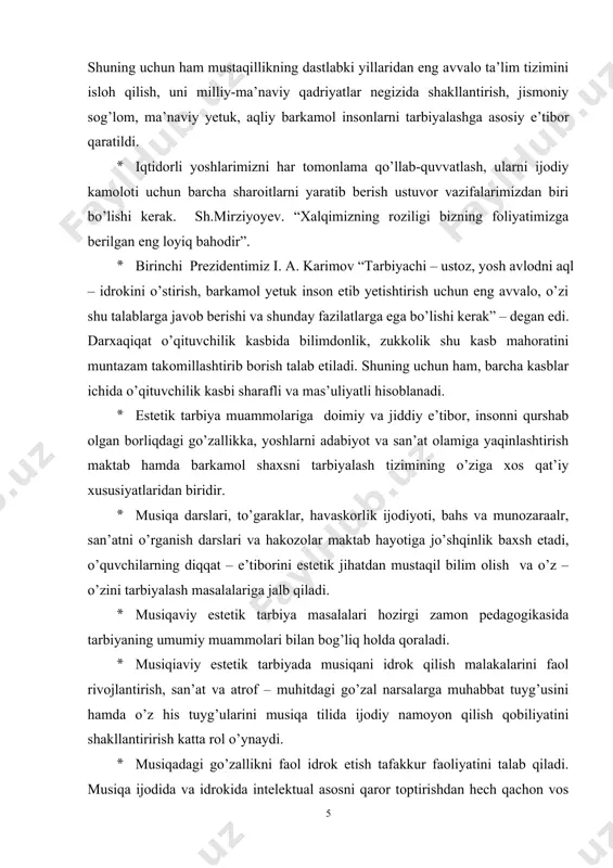 g’u ansambllari va hokazo. bu zanjirda ommaviy axborot vositalari juda katta rol o’ynaydi. tarbiyalovchi va rivojlantiruvchi vositalarning jami musiqaviy – estetik muhitni tashkil etadiki, bu muhitda o’quvchilarning musiqa sohasidagi qiziqish va ehtiyojlari bunyod bo’ladi. prezidentimiz shavkat mirziyoyev miromonovich ham kelajagimiz yoshlarini ma’naviyatini yuksaltirish va ularni bo`sh vaqtlarini mazmunli tashkil etish bo’yicha beshta muhim tashabbus bilan chiqdilar. birinchi tashabbus yoshlarni musiqa, rassomchilik, adabiyot, teatr va sanoatning boshqa turlariga qiziqishlarini oshirishga, istedodini yuzaga chiqarishga xizmat qiladi. ikkinchi tashabbus yoshlarni jismoniy chiniqtirish, ularning sport sohasida qobilyatini namoyon qilish uchun zarur sharoitlar yaratishga yo`naltirilgan. uchinchi tashabbus aholi va yoshlar o`rtasida kompyuter texnologiyalari va internetdan samarali foydalanishni tashkil etishga qaratilgan. to`rtinchi tashabbus yoshlar maonaviyatini yuksaltirish,ularni o`rtasida kitobxonlikni keng targ`ib qilish bo`yicha tizimli ishlar tashkil etishga yo`naltirilgan. beshinchi tashabbus xotin-qizlarni ish bilan taominlash masalalari nazarda tutilgan. musiqa ayrim kishilar aytganidek dam olish, hordiq chiqarish vositasi emas. san’at bu insonda fikr uyg’otuvchi, his – hayajonlarini bir maqsad …