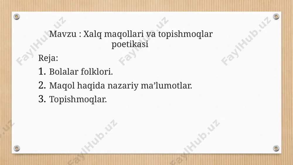 bo‘lsa, yo‘ldan adashmas, elga qo‘shilsang, el bo‘lasan, aql bo‘lsa, so‘zdan adashmas. eldan ajralsang, yer bo‘lasan. chinordek bo‘ying bo‘lguncha, hunari yo‘q kishining, tumordek aqling bo‘lsin. mazasi yo‘q ishining bulbul chamannu sevar, do`st so`zini tashlama, odam vattanni. tashlab boshing qashlama. ilm aql chirog`i. bilagi zo`r birni yiqar, bilimi zo`r mingni yiqar. daryo suvuni bahor toshirar, odam qadrini mehnat oshirar. bolalar xalq og`zaki ijodida maqol yetakchi o`rinda turadi, chunki maqol xalq yaratgan g`oyat chuqur va tugal ma’noli gaplar. maqolda xalqning, bir necha avlodning aql- u farosati hamda turmush tajribasinng yakuni, shuningdek donishmandligi beriladi. balki shu sababli “ otalar so`zi ” nomi bilan ham yurutiladi. maqol janriga nafaqat yozuvchilar balki katta yoshdagi insonlar ham qayta- qayta murojat qiladilar. maqol yoshlarni ilm- u hunarli bo`lishga, mehnatkashlikka, vatanparvarlikka umuman olganda barcha insoniy fazilatlarga o`rgatadi. dono xalqimiz bejizga: “ so`z ko`rki- maqol ” deb aytmagan. topishmoqlar xalq og`zaki ijodining eng qadimgi va eng ommaviy janri. jahondagi barcha …