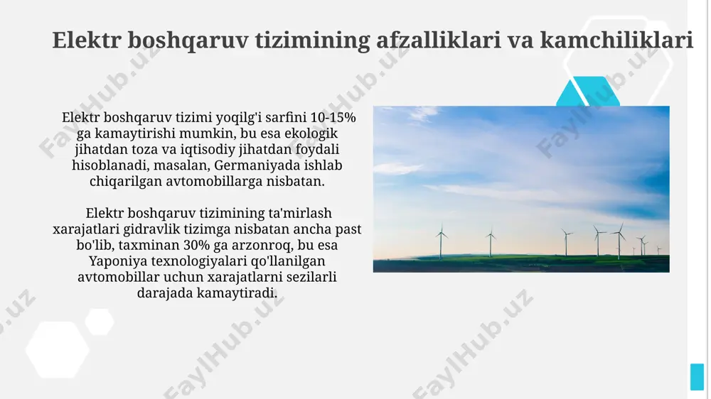 lab kelmoqdalar, bu esa yonilg'i tejamkorligini oshirishga yordam beradi. yaponiya bozorida, 2022-yil holatiga ko'ra, toyota va honda kabi yirik ishlab chiqaruvchilarning 70% dan ortiq avtomobillari gidravlik kuchaytirgichli rul boshqaruv tizimlaridan foydalanadi, ammo elektr tizimlarga o'tish asta-sekin kuchayib bormoqda. elektr boshqaruv tizimining ishlash printsipi elektr boshqaruv tizimidagi elektr motorining aylanish tezligi va momenti, avtomobilning tezligi va rul g'ildiragiga berilgan kuchga qarab, elektron boshqaruv birligi tomonidan 1000 martadan ortiq sekundda bir marta hisoblab chiqiladi va sozlanadi, bu esa yuqori aniqlikni ta'minlaydi. boshqaruv mexanizmining burchak tezligi va momentini aniqlash uchun, elektr boshqaruv tizimi, rul g'ildiragida joylashgan 2 ta yoki undan ortiq hol sensordan ma'lumotlarni qabul qilib, avtomobilning harakatlanish sharoitlariga moslashtirib ishlaydi. masalan, germaniyada ishlab chiqarilgan avtomobillarda bunday tizimlar keng qo'llaniladi. xavfsizlik va ishonchlilik gidravlik rul boshqaruv tizimlarida moy oqishi ehtimoli 5% ga yuqori boʻlib, bu esa germaniya kabi davlatlarda 2020-yildan beri qayd etilgan avariya statistikasida aks etgan. aqshning avtomobil xavfsizlik maʼlumotlariga koʻra, 2021 …