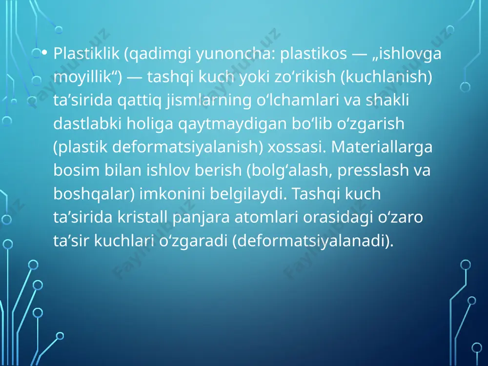 qo'lingiz yoki boshqa kuch bilan egish oson. gravitatsiya yoki yuk ta'sirida gorizontal ravishda joylashgan nurlar va novdalar - ular egilish deformatsiyasiga duchor bo'ladi. bükme deformatsiyasini bir xil bo'lmagan kuchlanish va siqilish deformatsiyasiga kamaytirish mumkin. haqiqatan ham, konveks tomonda (4-rasm) material kuchlanishga, konkav tomonda esa siqilishga duchor bo'ladi. bundan tashqari, ko'rib chiqilayotgan qatlam o'rta qatlamga qanchalik yaqin bo'lsa kn, kuchlanish va siqilish qanchalik kichik bo'ladi. qatlam kn, kuchlanish yoki siqilish ostida bo'lmagan, neytral deb ataladi. foydalanilgan saytlar: https://uz.wikipedia.org/wiki/plastiklik https://uz.wikipedia.org/wiki/deformatsiya https://fayllar.org/deformatsiya-va-uning-turlari.html https://www.google.com/search?q=plastik+deformatsiya+va+uning+turlari&rlz=1c1ggrv_enuz1023uz1023&oq=plastik+deformatsiya+va+uning+turlari&aqs=chrome..69i57.2364j0j15&sourceid=chrome&ie=utf-8 etiboringiz uchun rahmat. esanboyev nursulton. image2.png image3.jpeg