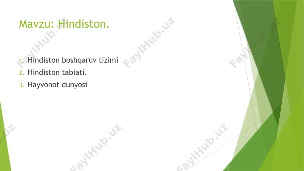 gan. yer sharidagi eng baland togʻ tizmasi – himolay (hindistonda balandligi 8126 m, nangaparbat togʻi) va qoraqurum togʻlari hindistonni shimoldan toʻsib turadi. hindistonda foydali qazilmalardan toshkoʻmir, temir rudasi, titan, oltin, tabiiy gaz, marganes, xrom, boksit, olmos, qimmatbaho toshlar, mis, neft, slyuda (shaffof tosh), qoʻrgʻoshin konlari bor. iqlimi, asosan, tropik iqlim, shimolda tropik mussonli iqlim. . iyun–oktyabrda issiq va nam, noyabr-fevralda quruq, salqin, mart–mayda juda issiq va quruq iqlim. nam mavsumda yillik yogʻinning 70-90%i yogʻadi. yillik yogʻin gʻarbiy gat va himolay togʻlarining shamolga qarshi yon bagʻirlarida 5000-6000 mm, shillong platosida 12000 mm (yer yuzidagi eng seryogʻin joy), hindgang tekisligida 100 mm, hindiston yarim orolning markaziy qismida 300-500 mm. yanvarning oʻrtacha temperaturasi tekisliklarda 15° (shimolda), 27° (janubda), may oyi hamma joyda 28- 35°, ayrim vaqtlarda 48°. togʻlarda oʻrtacha temperatura yanvarda n– g, −8°, iyulda 18-23°. asosiy daryolari: gang, irmogʻi jamna, hind (yuqori oqimi), braxmaputra (quyi oqimi), narmada, godavari, krishna. daryolari yozda sersuv …