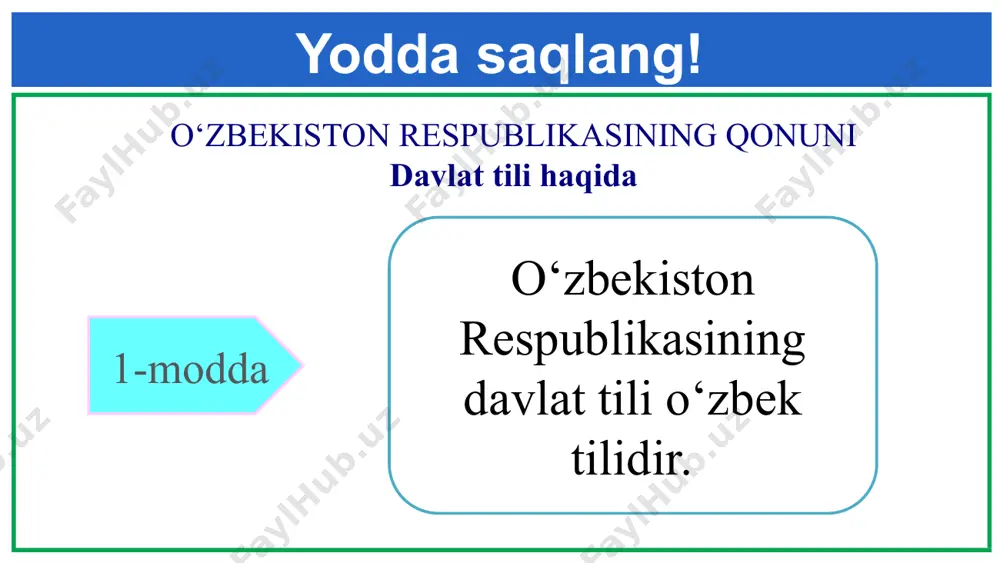 echa yil avval tasodifan juda ajoyib qo‘shiq eshitib qoldim. aniqlashtirib, uning o‘zbek tilida kuylanganini bildim. shu tariqa dunyoda o‘zbek tili borligini bilib oldim va o‘zbekistonga qiziqib qoldim. yaponiyada o‘zbek tilini o‘rgatadigan maxsus institutni topib, unda ta’lim oldim. 2016–2017-o‘quv yilida toshkent davlat sharqshunoslik institutida o‘qidim. o‘zbekistonda o‘tgan bir yilim menda juda katta taassurot qoldirdi. bugunga qadar ushbu go‘zal va boy tilni o‘rganishda davom etmoqdaman. eng katta orzum – o‘zbek tilidagi go‘zal qo‘shiqlarni yapon tiliga tarjima qilib, yaponiya va o‘zbekistonning madaniy hamda turizm aloqalarini yanada kuchaytirish. (naita rio, yaponiya) 6-mashq o‘zi o‘zbek bo‘la turib, ona tilida gapira olmaydigan insonlarning hayotda uchrab turishi, ularga hayotda juda qiyin bo‘lishi haqida aytiladi. amerika, germaniya, xitoy, fransiya, hindiston kabi 70 dan ortiq mamlakatlarda o‘zbek tilining o‘rganilayotgani haqida o‘quvchilarga faktik materiallar yetkaziladi, o‘zbek tilini o‘rganayotgan chet el fuqarolar haqida ma’lumotlar beriladi. masalan, yaponiyalik komatsu tilshunos olim sanaladi. u o’zbek tilini mustaqil o‘rgangan. o’zbek tilini chuqur o‘rganish maqsadida …