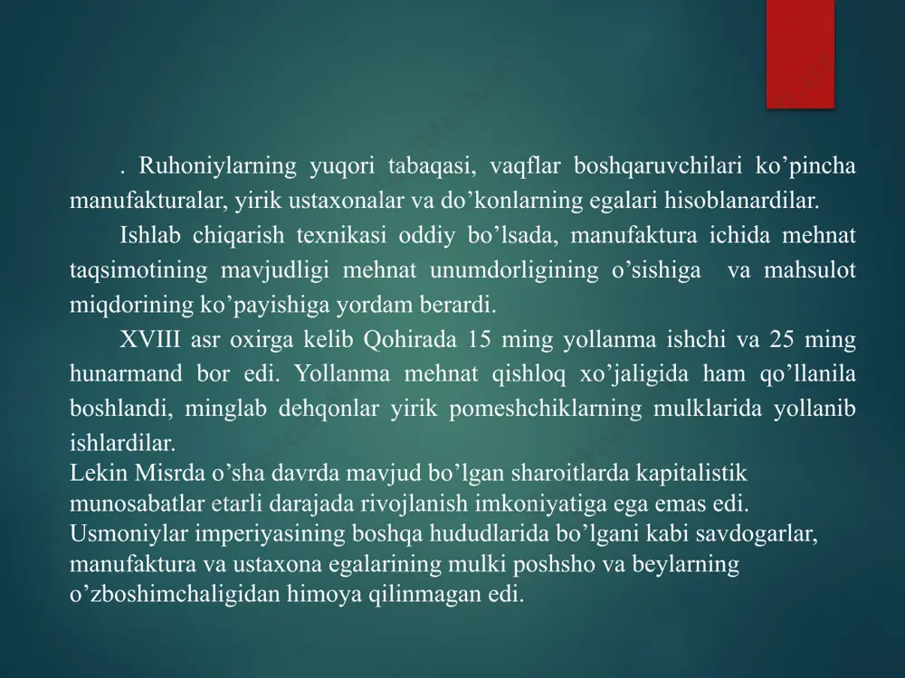 ham ularni qo’llab-quvvatladi. qohira shayxlari xurshidni haydab yuborib, muhammad alini misr poshshosi deb e’lon qildilar. turk sultoni buni tasdiqlashga majbur bo’ldi. muhammad ali mamluklarga qarshi kurashni davom qildirdi. 1807-yildagi ingliz-turk urushi davrida inglizlar aleksandriyaga desant tushirdilar. lekin muhammad ali ularni mag’lubiyatga uchratib, taslim bo’lishga majbur qildi. shundan keyin mamluk beylari muhammad aliga qarshi kurashni to’xtatishga rozi bo’ldilar. bir necha yildan keyin misr poshshosi barcha mamluklarni qirib tashladi image2.jpeg image3.jpeg image4.png image5.jpeg image6.png image7.png image8.png image9.png image10.png image11.png image12.png image13.png image14.jpg image15.jpeg image16.jpg image17.jpg image18.jpeg image19.jpg image20.jpg image21.jpg image22.jpg /docprops/thumbnail.jpeg