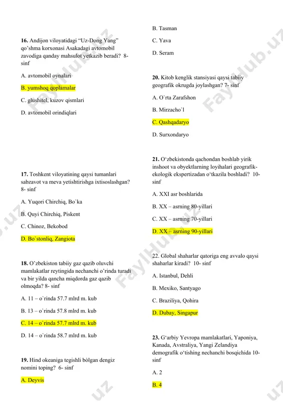iy yevropadagi qaysi davlatlarda uzoq muddat mobaynida aholining tabiiy kamayishi va migratsiyaning manfiy balansi kuzatilmoqda? 9- sinf a. shveytsariya, estoniya, daniya b. litva, latviya, estoniya c. daniya, islandiya, litva d. norvegiya, shveytsariya, finlandiya fan o’qituvchisi: avazova feruza 9-sinflar uchun geografiyadan 4-chorak i variant 1.o’rta osiyo yer yuzasining tuzilishiga ko’ra necha qisimga bo’linadi. a.to’rt qism b.ikki qism c.olti qism d.uch qism 2.o’rta osiyoning shimoliy qismi qanday relyef shakillaridan iborat. a.pasttekislik va tog’lar. b.qir va tekisliklar. c.yassi tog’lar va tog’lar. d.dasht va yassi tog’lar. 3. o’rta osiyoning g’arbiy qismi qanday relyef shakillaridan iborat. a.pasttekisliklar b.qir va tekisliklar. c.yassitog’lar d.tog’lar 4.yevrosiyo nechta tabiiy geografik o’lkaga bo’linadi. a.12 ta b.16ta c.14ta d.9ta 5.o’rta osiyo g’arbdan sharqqa qancha masofaga cho’zilgan. a.2200 km. b.1400 km. c.925 km . d.2750 km. 6.o’rta osiyoning eng shimoliy nuqtasi qaysi paralelga to’g’ri keladi. a.50.30 sh.k b.53,80 sh.k. c.85,60 sh.k. d.340 sh.k 7.o’rta osiyoning eng janubiy nuqtasi qaysi paralelga to’g’ri keladi. …