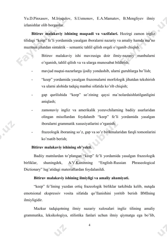 ning so’z, gap va so’z birikmalaridan farqli tomonlarini ko’rsatib berish; bitiruv malakaviy ishining ob’yekti. badiiy matnlardan to’plangan “keep” fe’li yordamida yasalgan frazeologik birliklar, shuningdek, a.v.kuninning “english-russian phraseological dictionary” lug’atidagi materiallardan foydalanildi. bitiruv malakaviy ishining ilmiyligi va amaliy ahamiyati. “keep” fe’lining yuzdan ortiq frazeologik birliklar tarkibida kelib, nutqda emotsional ekspressiv vosita sifatida qo’llanishini yoritib berish bmining ilmiyligidir. mazkur tadqiqotning ilmiy nazariy xulosalari ingliz tilining amaliy grammatika, leksikologiya, stilistika fanlari uchun ilmiy qiymatga ega bo’lib, ulardan shu mavzuda amaliy mashg’ulotlar o’tishda va ilmiy maqolalar uozishda foydalanish mumkin. bitiruv malakaviy ishining tuzilishi. bitiruv malakaviy ishi kirish, ikki bob, xulosa va foydalanilgan ilmiy, badiiy adabiyotlar ro’yhatidan iborat. uning umumiy hajmi 65 bet. i bob frazeologik birliklar haqida umumiy tuchuncha hozirgi zamon ingliz tilshunosligida frazeologiyaning o’rni, uning predmeti, tarixi, hozirgi davrdagi rivojlanish bosqichlari to’g’risida so’z yuritmoqchimiz. avvalo frazeologik birlik nima? degan savolga javob berishga harakat qilamiz. tarkibiy tuzilishi va ma’no jihatdan ajralmas birikmalar frazeologik birliklar …