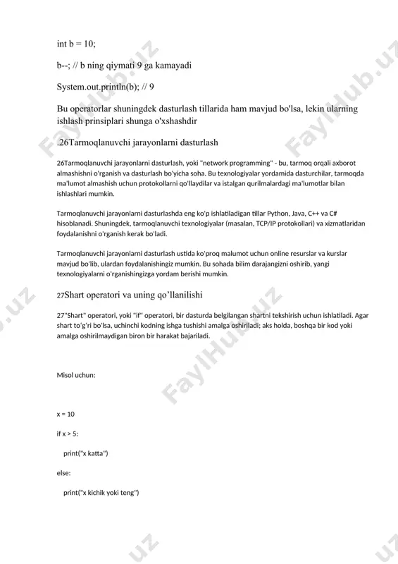 ütüphaneler genellikle belirli görevleri gerçekleştirmek üzere önceden yazılmış kod bloklarını içerir ve programcılara daha karmaşık görevleri kolayca yerine getirebilmeleri için yardımcı olabilirler. 30to’liq shart operatori. 30to'liq shart operatori, yoki «&&» operatori, ikkita ifodani tekshirib, agar hammasi to'g'ri bo'lsa true qiymatni qaytaradi, aks holda false qiymatni qaytaradi. bu operator faqat boolean ifodalar bilan ishlaydi. 31 int(), str (), float() va complex() funksiyalarining vazifalari 31 1. int(): bu funksiya, bir değeri tam sayıya dönüştürmek için kullanılır. örneğin, int(3.14) ifadesi 3 olarak dönecektir. 2. str(): bu funksiya, bir değeri metin haline dönüştürmek için kullanılır. örneğin, str(123) ifadesi "123" olarak dönecektir. 3. float(): bu funksiya, bir değeri ondalıklı sayıya (float) dönüştürmek için kullanılır. örneğin, float("3.14") ifadesi 3.14 olarak dönecektir. 4. complex(): bu funksiya, bir gerçek ve bir sanal sayıyı içeren karmaşık sayı nesnesi oluşturmak için kullanılır. örneğin, complex(1, 2) ifadesi 1 + 2j şeklinde karmaşık sayı oluşturacaktır. 32sonning faktorialini topish dasturini tuzing tabii, albatta! …