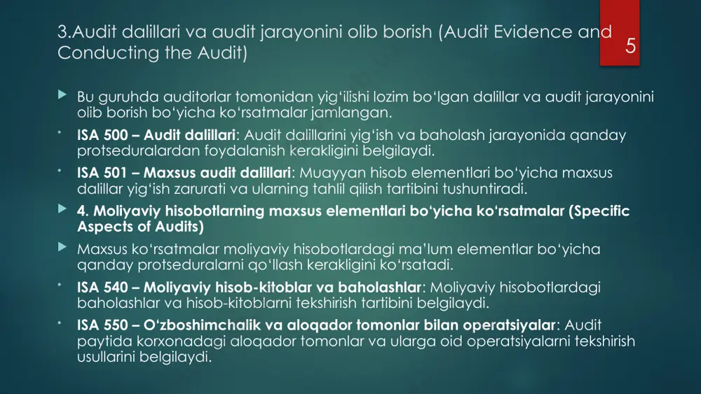 h uchun ko‘rsatma beradi. 10 xalqaro moliyaviy audit kompaniyalarning moliyaviy hisobotlari xalqaro me'yorlargamuvofiqligini ta'minlash uchun o‘tkaziladi. ifrs va gaap (generally accepted accounting principles) kabi hisob me’yorlari asosida moliyaviy hisobotlar tayyorlanadi va audit qilinadi. 3. uyg‘unlik auditi (compliance audit) uyg‘unlik auditi – tashkilotning qonunchilik, qoidalar, siyosat va protseduralarga muvofiq faoliyat yuritayotganligini tekshirishdir. bu turdagi audit hukumat yoki xalqaro tashkilotlar tomonidan talab qilinadigan qoidalarga rioya qilishni nazorat qiladi. xalqaro biznesda uyg‘unlik auditi xalqaro qonunchilik va normalarga muvofiq amal qilinishini tekshirish uchun muhim hisoblanadi. kyc (know your customer) va aml (anti-money laundering) qoidalariga moslikni tekshirish uchun uyg‘unlik auditi muhimdir. 4. operatsion audit (operational audit) operatsion audit kompaniya yoki tashkilotning operatsion jarayonlarini, resurslar samaradorligini va ish faoliyatini baholashga qaratilgan. uning maqsadi kompaniya faoliyatini yanada samarali qilish va optimallashtirish yo‘llarini izlashdir. bu audit turida xalqaro operatsiyalarni yuritadigan kompaniyalar o‘z ish jarayonlarini xalqaro talablar va bozor sharoitlariga muvofiqligini tekshiradi. 11 5. atrof-muhit auditi (environmental audit) atrof-muhit …
