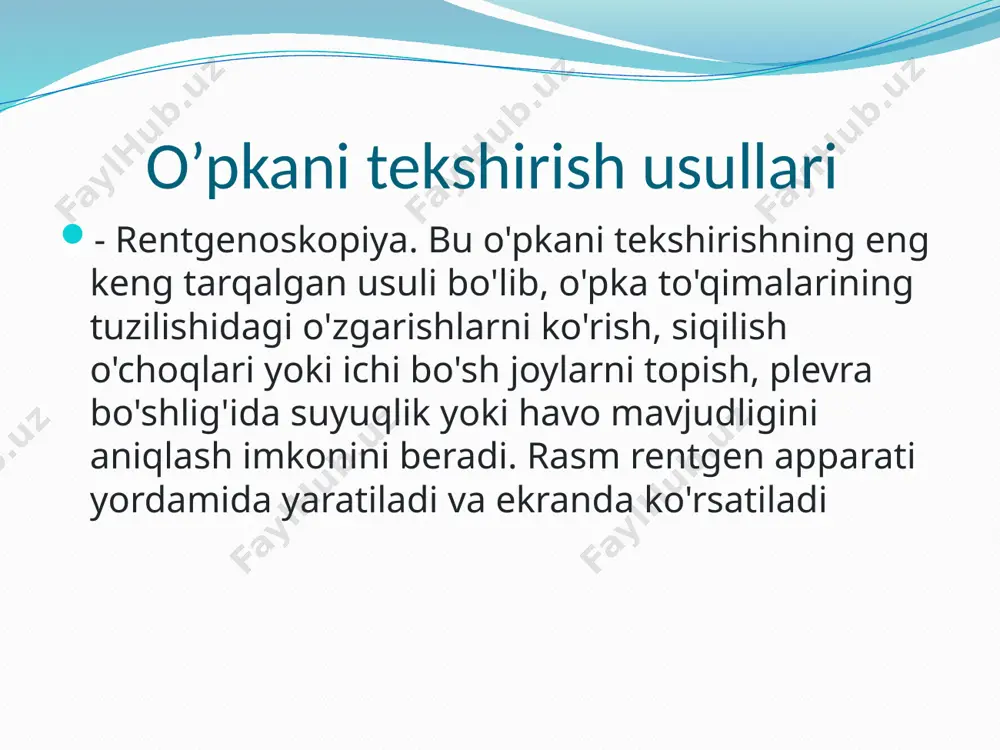 lanmasdan turib) o’tkaziladi. bemorda balg’am ko’p miqdorda ajralayotgan davrda, avval sanatsion bronxoskopiya, keyin esa bronxografiya qilinadi. tekshiruvdan 30 minut oldin teri ostiga 1 ml atropin sulfat yuboriladi. anesteziya uchun 0,5% li dikain eritmasi, 10% lidokain eritmasi yoki 5-10%li novokain eritmasi ishlatiladi. eng avvalo, yuqori nafas yo’llari anesteziya qilinib, rentgenkontrast kateter pastki burun yo’li orqali tovush yorig’iga kiritiladi va traxeyagacha surib kateter orqali 3-4 ml 10%li novokainni bosqichma-bosqich yuborish yo’li bilan traxeobronxial shox anesteziya qilinadi. bronxografiya uchun quyidagi rentgenkontrast moddalar: sulfayodon, jeleyodon, propilyodon va b. qo’llaniladi. odatda ulardan biri, 10-15 ml miqdorda rentgen nazorati ostida yuboriladi va suratga tushiriladi. bundan so’ng, rentgenkontrast modda aktiv aspiratsiya yo’li bilan so’rib olib tashlanadi. . o’pkani tekshirish usullari torakoskopiya. maxsus vosita - torakoskop yordamida amalga oshiriladigan plevra bo'shlig'ining endoskopik tekshiruvi. ko'krak qafasidagi kichik ponksiyon orqali umumiy behushlik ostida o'pkaga aok qilinadi. ko'p jihatdan, harakat tamoyili bronkoskopiyaga o'xshaydi. ayniqsa, bu usul pnevmotoraks sodir bo’lganda nafaqat diagnostika …