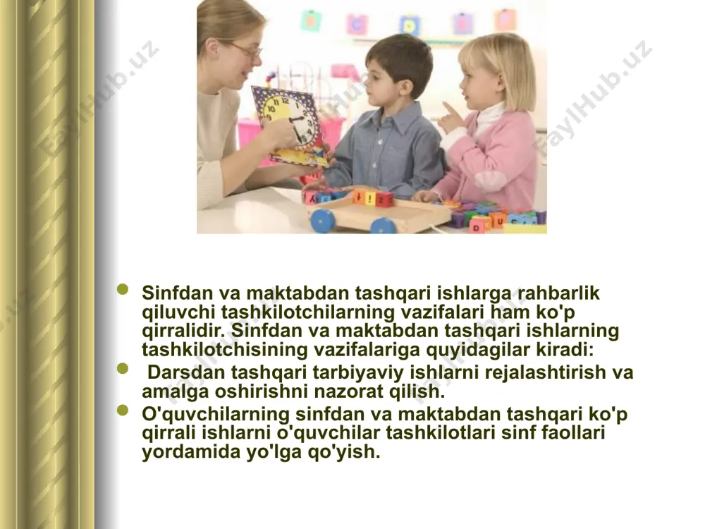 dilar. shuning uchun ham o'quvchilarning maktabdan tashqari faoliyatlari qanchalik xilma-xil bo'lsa, ularning munosabatlari shunchalik munosabat doirasi keng va ma'naviy o'sishi samarali bo'ladi. maktabdan tashqaridagi tarbiyaviy ishlarda o'quvchilar jamoadagi ishlarni o'rganadilar. ijtimoiy mehnat quvonchini his qiladilar. ishlab chiqarish mehnatiga qo'shiladilar. jamoatchilik fikriga bo'ysunishga, jamoa sharafi uchun kurashishga otlanadilar. maktabdan tashqari faoliyatga quyidagilar kiradi: og'zaki ish usullari: majlislar, yig'inlar, ma'ruzalar, kutubxonalar, konferensiyalar, munozaralar, uchrashuvlar, gazetalar, radio va jurnallar. amaliy ish olib borish usullari turli joylarga sayyohatlarga, sport musobaqalari, tabiatshunoslar to'garaklari, shanbaliklar, yangi kitoblar ko'rgazmalari. tarbiyaviy ish pedagogikadan butun qobiliyatlarni ishga solishga taqozo etadi. sinf rahbarligi kursi bilan maktabdan va sinfdan tashqari tarbiyaviy ishlar metodikasi kursi bir-biriga bog'liq va uning davomiyligidir. yuqoridagi qayd etilgan topshiriqlarni bajarish jarayonida o'quvchilar turli qo'llanmalar, asboblar, apparatlar, didaktik materiallardan foydalanishni o'rganadilar, o'z-o'zini tekshirish uchun turli ma'lumot va tayanch materiallarini jalb etish ko'nikmalarini egallaydilar. mehnat tarbiyasi oilada tabaqalashtirilgan holda olib boriladi: bolalar o‘z-o‘ziga xizmat qiladilar, uy hayvonlarini parvarishlaydilar, ro‘zg‘or …