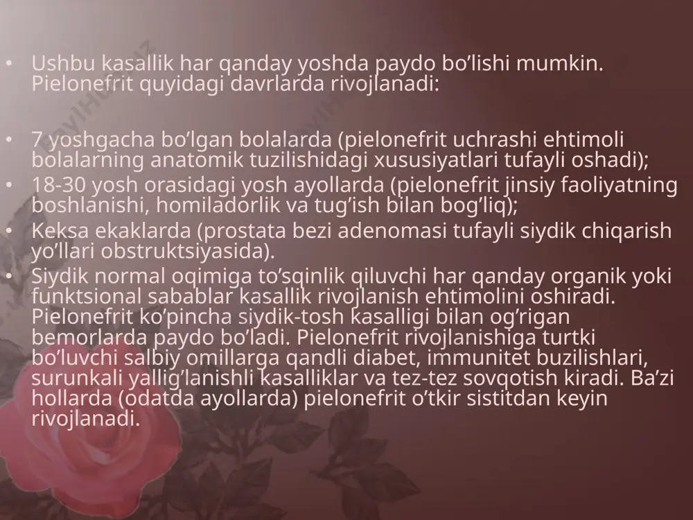 kir yiringli jarayonlar mavjud bo’ladi. klinik tasvir pieltonefrit uchun xos bo’lgan isitma va bel og’riqlari (ko’pincha bir tomonlama), og’riqli siyish va siydikning o’zgarishidan iborat. siydik xira yoki qizg’ish tusli bo’ladi, o’ziga xos badbo’y hidi mavjud. tashxisni laboratorik tasdiqlash uchun siydikda bakteriyalar va kichik miqdorda oqsil aniqlanishi xizmat qiladi. kasallik qo’zg’atuvchisini aniqlash uchun siydik namunasini bakteriyal ekish o’tkaziladi. o’tkir yallig’lanish mavjudligini umumiy qon tahlilida leykotsitoz va echtning oshganligi ko’rsatadi. maxsus test to’plamlari yordamida yallig’lanishiga olib kelgan mikroflora aniqlanadi. keng ko’lamli urografiya o’tkazilganda bir buyrakning hajmi kattalashgani seziladi. ekskretor urografiya ortoproba o’tkazilganda buyrak harakatchanligining keskin cheklanganligini ko’rsatadi. apostematozli pielonefritda zararlangan tomonda sekretor funktsiyasining kamayishi kuzatiladi (siydik yo’llarining soyasi kechikadi yoki kuzatilmaydi). karbunkul yoki abstsessda ekskretor urogrammada buyrak konturida bo’rtishlar, jom va kosachalarida siqilish va deformatsiyalar aniqlanadi. pyelonefritdagi tizimli o’zgarishlarning tashxisi buyraklarning ultratovush tekshiruvi yordamida amalga oshiriladi. buyraklarning konsentratsiya qobiliyati zimntskiy testi yordamida baholanadi. buyrak-tosh kasalliklari va anatomik anomaliyalarni istisno qilish uchun buyraklar …