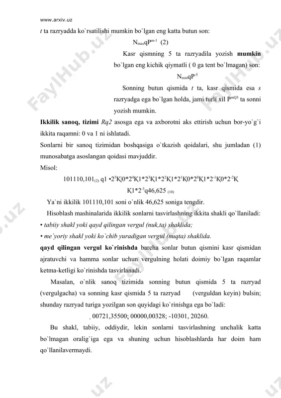 ari quyidagilardir: • foydalanuvchining ko`p oynachalik interfeysining borligi; • qiymatlar bazasi tizimi bilan ishlash uchun dasturli interfeyslarning borligi; • lokal hisoblash tarmoqlarida ishlash uchun samarali dasturli interfeyslarning borligi. osғ2 sig`imi 16 mbayt gacha bo`lgan tabiiy tx ni va har bir masalaga 512 mbayt gacha bo`lgan virtual xotirani qo`llab-quvvatlaydi. osғ2 ning kamchiliklariga birinchi navbatda quyidagilar xosdir: • yuqori resurslar sig`imi: 80286 va undan yuqori mp, 1,5 mbaytdan kam bo`lmagan sig`imli tezkor xotira, qattiq diskdagi yig`uvchi; • hozirgi vaqtga kelib ishlab chiqilgan dasturli ilovalar (adt) hajmining nisbatan katta еmasligi. unix operacion tizimi unix — ko`p foydalanuvchili, ko`p masalali ot bo`lib, u dasturlarni va turli foydalanuvchilarning fayllarini etarlicha kuchli himoya vositalarini o`z ichiga oladi. unix ot dasturlarining ko`p qismi si tilida yozilgan (dos va osғ2 dagi kabi assemblerda еmas) va mashinaga bog`liq еmasdir, bu ot ning yuqori harakatchanligini va amaliy dasturlarni universal еhm ga, mini еhm ga va turlicha arxitekturali shk larga osongina …