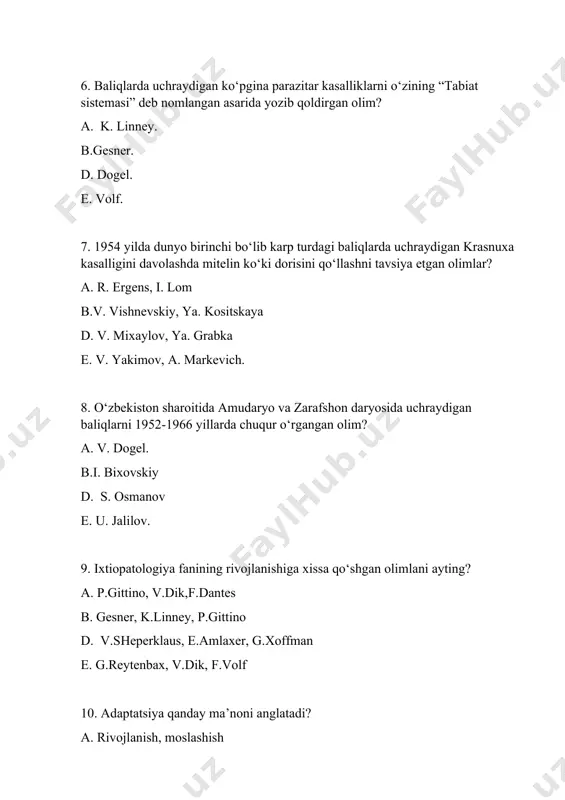ashdir” qaysi olimning fikri? a. a. ostroumov b. paratseles d. r. virxov e. a. bogomoles 14. “kasallik bu hujayralar patologiyasi” bu fikr qaysi olimning gapi? a. a. ostroumov b. paratseles d. r. virxov e. a. bogomoles 15. “kasallik organizmning shikastlanishiga qarshi reaksiyadir” bu fikr qaysi olimga tegishli? a. a. ostoumov b. paratseles d. r. virxov e. a. bogomoles 16. yuqumli kasalliklarni yuqumsiz kasalliklardan asosiy farqi nimada? a. tez tarqaladi b.kasallikni qo‘zg‘atuvchisi bo‘ladi d. kasallikni qo‘zg‘atuvchisi bo‘lmaydi e. kasallik o‘tkir va surunkali kichadi. 17. yuqumsiz kasalliklarni yuqumli kasalliklardan asosiy farqi nimada? a. tez tarqaladi b. kasallikni qo‘zg‘atuvchisi bo‘ladi d.kasallikni qo‘zg‘atuvchisi bo‘lmaydi e. kasallik o‘tkir va surunkali kichadi. 18. oqsil, uglevod, yog‘, nuklein kislotalar va vitaminlar almashinuvi qaysi almashinuv turiga xos? a. anorganik b.organik d. mineral almashinuvi e. assimilyatsiya va dissimilyatsiya. 19. suv, mineral tuzlar, makro-mikroelementlar almashinuvi qaysi almashinuv turiga xos? a.anorganik b.organik d. mineral almashinuvi e. assimilyatsiya va dissimilyatsiya. 20. to‘qima …
