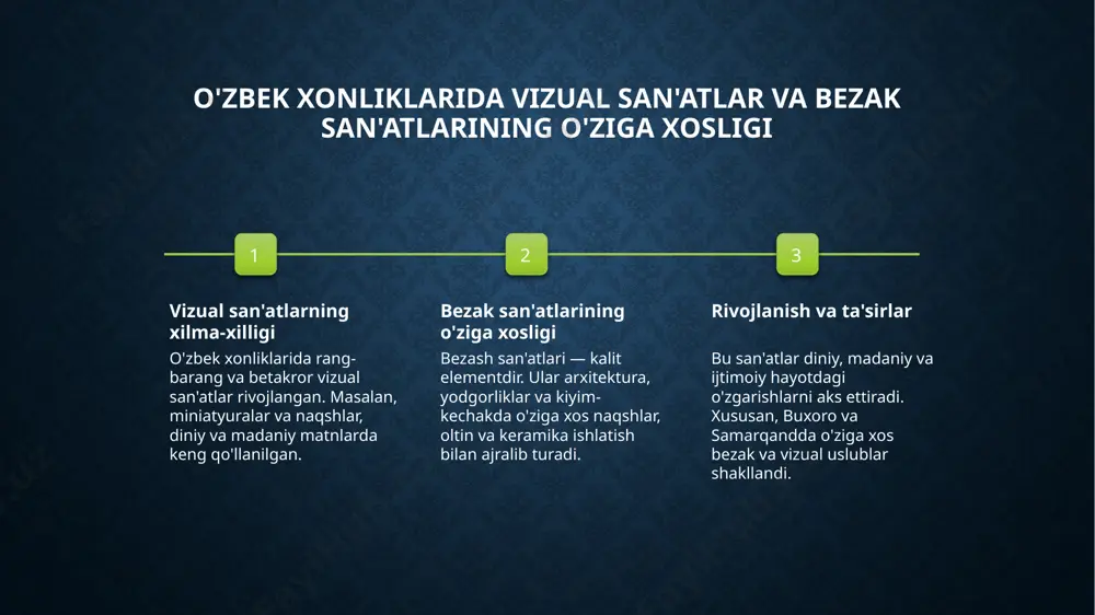 'zbek xonliklaridagi bezak va bezak san'ati. xalqaro san'atshunoslik konferensiyasi materiallari, 45-52. e'tiboringiz uchun rahmat! /docprops/thumbnail.jpeg
