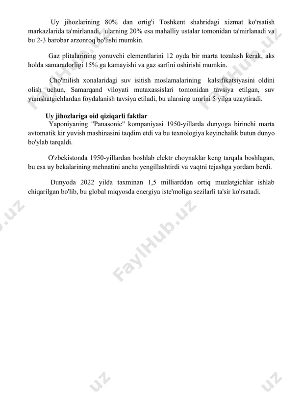 ekologik toza usullar bilan amalga oshirilayotganini hisobga olish muhim. energiya tejovchi uy jihozlari (a+++ energetik sinf) o‘zbekistonning namangan viloyatida o‘rtacha 30% gacha elektr energiyasi tejash imkoniyatini beradi, bu esa atrof-muhitga salbiy ta’sirni kamaytiradi. uy jihozlarini ta’mirlash va parvarishlash uy jihozlarining 80% dan ortig'i toshkent shahridagi xizmat ko'rsatish markazlarida ta'mirlanadi, ularning 20% esa mahalliy ustalar tomonidan ta'mirlanadi va bu 2-3 barobar arzonroq bo'lishi mumkin. gaz plitalarining yonuvchi elementlarini 12 oyda bir marta tozalash kerak, aks holda samaradorligi 15% ga kamayishi va gaz sarfini oshirishi mumkin. cho'milish xonalaridagi suv isitish moslamalarining kalsifikatsiyasini oldini olish uchun, samarqand viloyati mutaxassislari tomonidan tavsiya etilgan, suv yumshatgichlardan foydalanish tavsiya etiladi, bu ularning umrini 5 yilga uzaytiradi. uy jihozlariga oid qiziqarli faktlar yaponiyaning "panasonic" kompaniyasi 1950-yillarda dunyoga birinchi marta avtomatik kir yuvish mashinasini taqdim etdi va bu texnologiya keyinchalik butun dunyo bo'ylab tarqaldi. o'zbekistonda 1950-yillardan boshlab elektr choynaklar keng tarqala boshlagan, bu esa uy bekalarining mehnatini ancha …