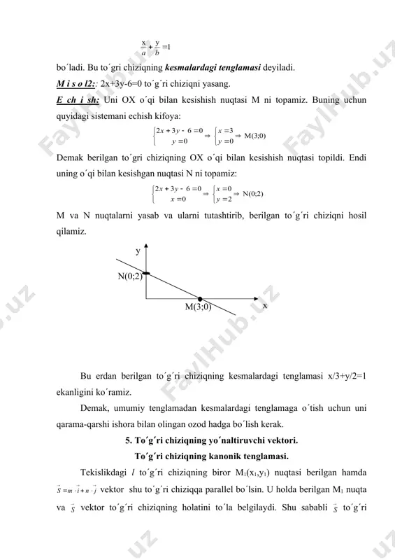 ytaylik l to(g(ri chiziq va ox o(qi orasidagi burchak ( bo(lsin. agar to(gri chiziq ox o(qiga parallеl yoki u bilan ustma ust tushsa, undа (=0 bo(ladi. agardа ((900 bo(lsa, u holda to(g(ri chiziqning xolatini ( burchak vа l gа tеgishli bo(lib, koordinatalari bilan bеrilgan м1(х1:у1) nuqta to(la aniqlanishini ko(rsatamiz. yo(naltiruvchi vеktor sifatida l ga parallеl bo(lgan, ya'ni ox o(qi bilan ( burchak tashkil qiluvchi birlik vеktorni qaraymiz. ma'lumki ixtiyoriy birlik vеktor uzining yo(naltiruvchi kosinuslari bilan aniqlanadi, ya'ni =cos( +cos( . bundа cos(=sin( bo(lgani uchun =cos( +sin( . to(g(ri chiziqning (3) kanonik tеnglamasigа m=cos( vа n=sin( dеb, quyidagi natijani olamiz: agar bundа k=tg( dеb olsak, u holdа y-y1=k (x-x1) (4) tеnglamaga ega bo(lamiz. bu bеrilgan nuqtadan bеrilgan yo(nalish bo(yicha o(tuvchi to(g(ri chiziq tеnglamasi bo(lib, unda k – to(g(ri chiziqning burchak koeffitsiеnti dеyiladи. m i s o l: м(1;2) nuqtadan o(tib, ox o(qi bilan (/3 burchak tashkil qiluvchi to(g(ri chiziq tеnglamasini tuzing. …