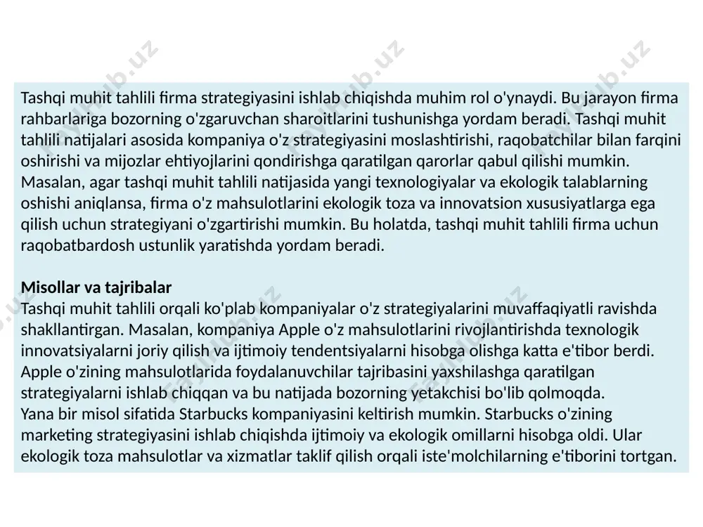 giyasini muvaffaqiyatli amalga oshishini ta’minlaydigan qarorlarni qabul qilish va xo’jalik ishlarini tashkil etish strategik boshqaruvning 5 vazifasi strategiyani amalga oshirish bu – amaliy ma’muriy ish bo’lib, tashkil etish, moliyaviy rejalashtirish, kerakli siyosatni yuritish, motivlarni va kompaniya madaniyatini hamda boshqarish usullarini yaratish, qisqasi kompaniya maqsadlarini amalga oshirishga xizmat qiluvchi hamma harakatlar majmuasidan iborat. yuqori darajali strategik fikrlash va boshqarish bu: «biz nima qilmoqchimiz va nimaga erishmoqchimiz?» nuqtai nazaridan tashkilotni yaxshiroq boshqarish; rahbarlarning o’zgarishlarga nisbatan sezgirligi; investitsiyalarni va raqobatli ehtiyojlarni baholashda rahbarlarni rastional baholash asoslari bilan ta’minlash; tashkilot bo’yicha strategik qarorlarni muvofiqlashtirish; boshqaruv faolligini oshirish, faqat himoyalanish strategiyasidan foydalanishni oldini olish. biznes tarixi faqat himoyalanish yoki javob choralari bilan muvaffaqiyatga erishib bo’lmasligini ko’rsatadi. menejerlarning strategiyani amalga oshirish jarayonini boshqarishi bir qator omillarga bog’liq: -ularning tajribasi va biznes sohasidagi bilimlari; -ularning mazkur sohada yangi ishtirokchi yoki yetarli tajriba ega ekanligi; -kompaniyaning boshqa xodimlari bilan shaxsiy munosabatlari; -ularning muammolarni hal qilish, ma’murlik va shaxslararo …