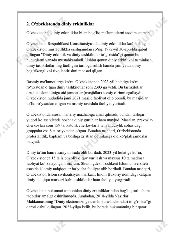 rlash, qonun bilan taqiqlangan. barcha diniy faoliyat qonuniy me’yorlar asosida amalga oshirilishi kerak. o‘zbekiston respublikasi hukumati xalqaro huquq normalariga muvofiq ravishda diniy erkinliklarni himoya qilish majburiyatini olgan. shuning uchun, mamlakatda diniy bag‘rikenglik va millatlararo totuvlikni ta’minlash bo‘yicha maxsus chora-tadbirlar amalga oshiriladi. diniy erkinliklarni kafolatlash orqali davlat fuqarolarning huquqlarini himoya qilishni, jamiyatdagi o‘zaro hurmat va tinchlikni ta’minlashni maqsad qilgan. diniy erkinliklar davlatning umumiy taraqqiyotiga xizmat qiladigan bag‘rikeng jamiyatni shakllantirish uchun muhim asosdir. 3. diniy tashkilotlarning huquqiy maqomi diniy tashkilotlarning huquqiy maqomi haqida gapirganda, o’zbekiston respublikasidagi mavjud qonunchilikka e'tibor qaratish lozim. o’zbekistonda diniy tashkilotlarning huquqiy maqomi "vijdon erkinligi va diniy tashkilotlar to'g'risida"gi qonun bilan tartibga solinadi. ushbu qonun birinchi marta 1998-yilda qabul qilingan bo'lib, unga bir necha bor o'zgartirishlar kiritilgan. o'zbekiston respublikasi konstitutsiyasining 31-moddasiga ko'ra, har bir fuqaro vijdon erkinligi huquqiga ega, ya'ni o'z diniy e'tiqodiga yoki e'tiqodsizlikka amal qilish erkinligi berilgan. diniy tashkilotlar davlatdan ajratilgan bo'lib, ular mustaqil faoliyat yuritadilar. o'zbekistonda …