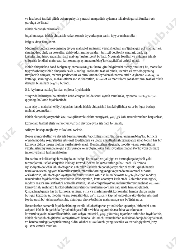 larda yuzaga keladi, shuningdek, ishchi kuchlarini yollash va ularning mehnatiga haq to‘lashga bunak (avans) tariqasida beriladi. aylanma mablag’larga bo‘lgan qo‘shimcha talab banklardan olinadigan kreditlar hisobiga qoplanadi. bozor iqtisodiyoti sharoitlarida korxonalarning aylanma mablag’larga yetarli tarzda ega bo‘lishi ularning normal faoliyat yuritishi garovi hisoblanadi. shuni ham unutmaslik zarurki, ishlab chiqarayotgan mahsulot birligiga sarflanuvchi xom ashyo, material, yoqilg’i va energiya miqdori mahsulot sifatiga ta’sir ko‘rsatmagan holda qanchalik kam bo‘lsa, mahsulot shunchalik arzonlashadi hamda aylanma mablag’lar kamroq sarflanib, ulardan foydalanish samaradorligi yuqori bo‘ladi. korxonalarning aylanma mablag’lari aylanma fondlari va muomala fondlariga taqsimlanadi. bunday taqsimlash ularning moddiy(buyumlashgan tuzilishidan tashqari, ishlab chiqarish jarayoni va umuman, korxonaning iqtisodiy faoliyatidagi ishtiroki asosida amalga oshiriladi. bundan tashqari, taqsimlash rejalashtirishni tashkil qilishda hamda korxonaning ishlab chiqarish va noishlab chiqarish sohalarida aylanma mablag’larga bo‘lgan ehtiyojini aniqlashda katta rol o‘ynaydi. aylanma ishlab chiqarish fondlari (korxona ishlab chiqarish fondlarining bir qismi bo‘lib, bitta ishlab chiqarish tsikli davomida sarflanadi hamda natural shaklini o‘zgartirib, o‘z …