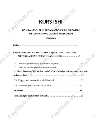 boshlang'ich sinflarda miqdorlarni o'rgatish metodikasining umumiy masalalari — DOCX