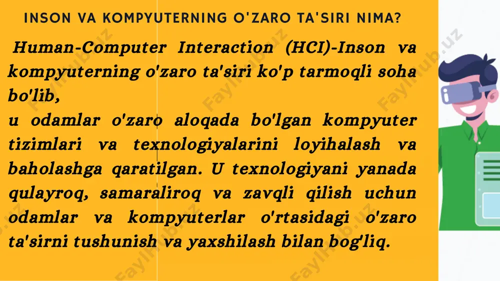 aylik: yordamchi dastur mo'ljallangan vazifani bajarish uchun tizim tomonidan taqdim etilgan turli funktsiyalar va vositalarni anglatadi. soddaligi foydalanuvchilar hisoblash tizimini interfeysni izohlash va tushunish uchun unchalik murakkab bo'lmaganda foydalanish yoqimli deb bilishadi. tajriba ser tajribasi sub'ektiv xususiyat bo'lib, u bilan ishlashda foydalanuvchilarning hisoblash tizimiga qanday munosabatda bo'lishiga vizual reallik va o'zaro ta'sir • vizual asosli: vizual asoslangan inson va kompyuter o'zaro ta'siri, ehtimol, inson va kompyuter o'zaro ta'siri (hci) tadqiqot sohasi bo'lishi mumkin." • audio-asoslangan: kompyuter va inson o'rtasidagi audioga asoslangan shovqin hci tizimlarining yana bir muhim sohasidir. bu soha turli xil audio signallar orqali olingan ma'lumotlar bilan shug'ullanadi. • vazifa muhiti: foydalanuvchiga qo'yilgan shartlar va maqsadlar. • mashina muhiti: kompyuterning muhiti, masalan, kollej talabasi yotoqxonasidagi noutbukga ulangan.