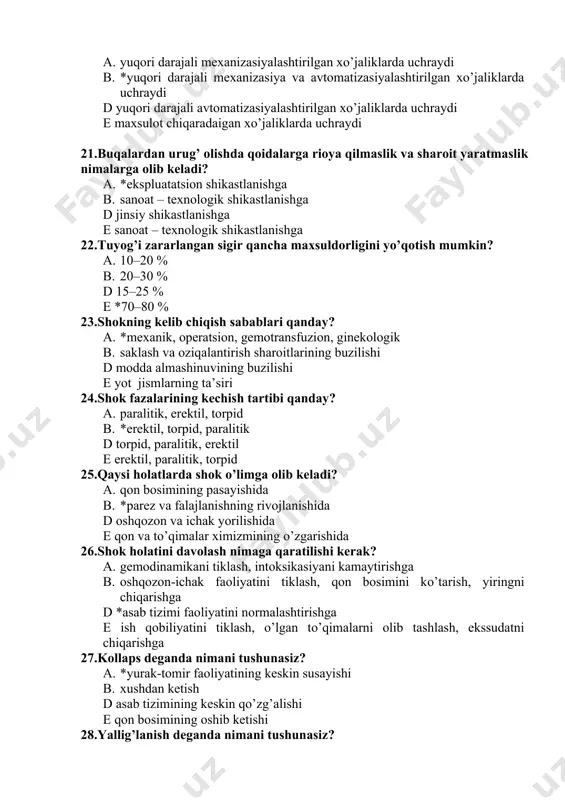 on bosimini ko’tarish, yiringni chiqarishga d *asab tizimi faoliyatini normalashtirishga e ish qobiliyatini tiklash, o’lgan to’qimalarni olib tashlash, ekssudatni chiqarishga 27.kollaps deganda nimani tushunasiz? a. *yurak-tomir faoliyatining keskin susayishi b. xushdan ketish d asab tizimining keskin qo’zg’alishi e qon bosimining oshib ketishi 28.yallig’lanish deganda nimani tushunasiz? a. organizmning javob reaksiyasi b. *organizmning ximoya moslashuv reaksiyasi d bitish va tiklanish jarayonlari e organizmning allergik reaksiyasi 29.normergik yallig’lanishning to’g’ri tavsifi qanday? a. *regeneratsiya jarayoni degenerasiyadan ustun bo’ladi b. degeneratsiya jarayoni, regenerasiyadan ustun bo’ladi d regeneratsiya bilan degenerasiya teng bo’ladi e to’qimalarda yallig’lanish jarayoni kuchayadi 30.giperergik yallig’lanish qachon namoyon bo’ladi? a. buzilishga organizmning adekvat javob reaksiyasida b. qo’zg’atishga qarshi organizmning kuchsiz reaksiyasida d ko’p qon yo’qotilganda e *asab tizimining moslashuv-trofik faoliyati buzilganda 31.gipoyergik yallig’lanish qanday namoyon bo’ladi? a. asab tizimi kuchli bo’ladi b. *organizm qo’zg’atgichlarga kuchsiz javob beradi d degeneratsiya va regeneratsiya teng bo’ladi e to`g`ri javob a va b 32.qaysi omillar aseptik …