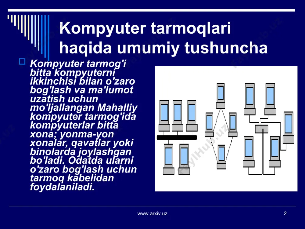 kiritamiz va albatta dalee (oldinga) tugmasini bosamiz. www.arxiv.uz www.arxiv.uz * internet provayder tomonidan berilgan telefon raqami kiritiladi. agarda siz ulangan telefon analogli telefon stansiyasiga tegishli bo'lsa, telefon raqamidan oldin r harfini kiritish shart. www.arxiv.uz www.arxiv.uz * . keyingi oynada internet-provayder tomonidan beriladigan foydalanuvchi nomi (login) va parol ikki marta kiritiladi va dalee (oldinga) tugmasi bosiladi. www.arxiv.uz www.arxiv.uz * 9. natijada yordamchi usta dasturining oxirgi oynasi hosil bo'ladi. u yerda gotovo (tayyor) tugmasini bosamiz. agarda ulanishni tashkil etuvchi yorliq ish stolida hosil bo'lishini istasangiz, dobavit yarlik na rabochiy stol (ish stolida yorliq yaratish) dagi bayroqchani o'rnatish kerak. www.arxiv.uz www.arxiv.uz * kompyuterda web-sahifalarni ko'zdan kechirish. internet explorer dasturi kompyuterni internet tarmog'iga ulaganimizdan keyin albatta internetda biz biron-bir axborotni ko'rishga urinib ko'ramiz. internet tarmog'ida ma'lumot asosan web-sahifa (sayt) shaklida tasvirlanadi. web-sahifani ochish uchun biz uning url-manzilini kiritishimiz kerak bo'ladi. url-manzil odatda quyidagidek shaklga ega bo'ladi: www.gov.uz www.mail.ru www.yahoo.com www.arxiv.uz www.arxiv.uz * internet explorer …