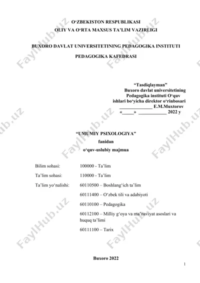 umumiy psixologiya o‘quv-uslubiy majmua — DOC