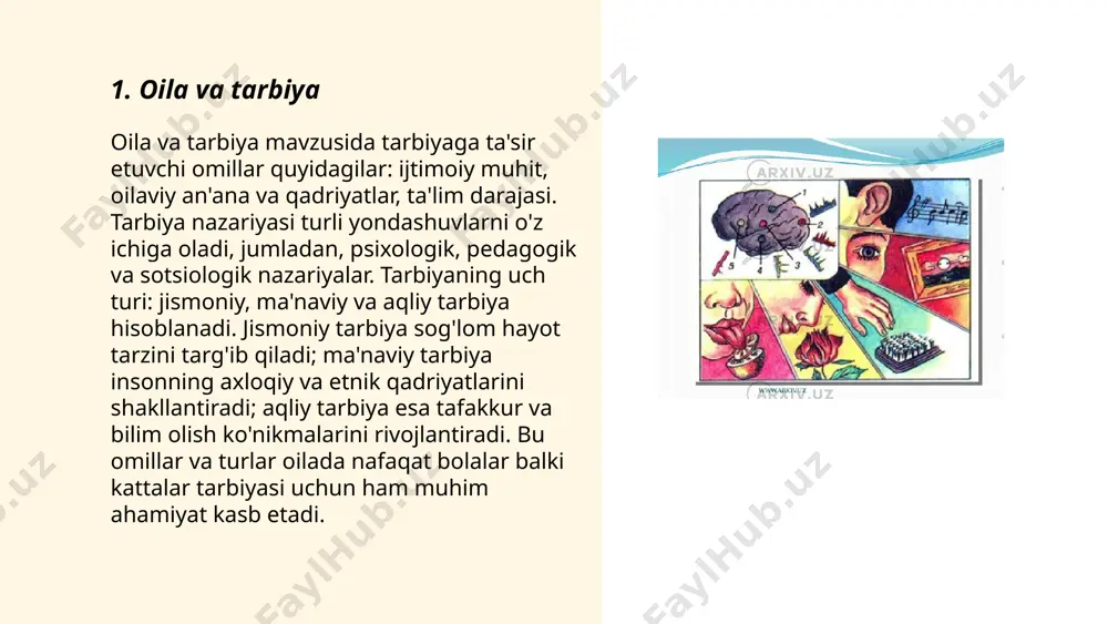 , axloqiy va jismoniy tarbiya. aqliy tarbiya insonning intellektual rivojlanishini qo'llab-quvvatlasa, axloqiy tarbiya insoniy qadriyatlar va axloqiy me'yorlarni shakllantirishga yo'naltirilgan. jismoniy tarbiya esa sog'lom turmush tarzini ta'minlash bilan shug'ullanadi. oilaviy muhit va jamiyatdagi o'zgarishlar bu tarbiya turlariga sezilarli ta'sir ko'rsatishi mumkin. shu sababli, har tomonlama sog'lom tarbiya uchun barcha omillar muvozanatda bo'lishi lozim. ... t.me/slaydai_bot 7. o'qituvchilarning rol va mas'uliyati o'qituvchilarning roli va mas'uliyati tarbiya nazariyasida muhim ahamiyat kasb etadi. tarbiya nazariyasiga ko'ra, tarbiya uch turga bo'linadi: jismoniy, aqliy va axloqiy. o'qituvchilar tarbiyaga ta'sir etuvchi omillardan biri sifatida mavjud. jismoniy tarbiya orqali o‘quvchilar sog‘lom turmush tarziga o'rgatiladi. aqliy tarbiyaga muvofiq, o'qituvchilar o'quvchilarning bilimi va intellektual qobiliyatlarini rivojlantiradi. axloqiy tarbiya doirasida esa, muallimlar o‘quvchilarga qiymatlar va axloq qoidalarini o‘rgatadi, ularga ijtimoiy munosabatlarni shakllantirishda yordam beradi. o'qituvchilar ushbu jarayonlarda ijobiy namuna ko'rsatib, ta'lim-tarbiyada muhim rol o'ynaydi. ... t.me/slaydai_bot 8. psixologik va emotsional taraqqiyot tarbiyaning muhim qismidir. tarbiyaga ta'sir etuvchi omillar orasida ijtimoiy …