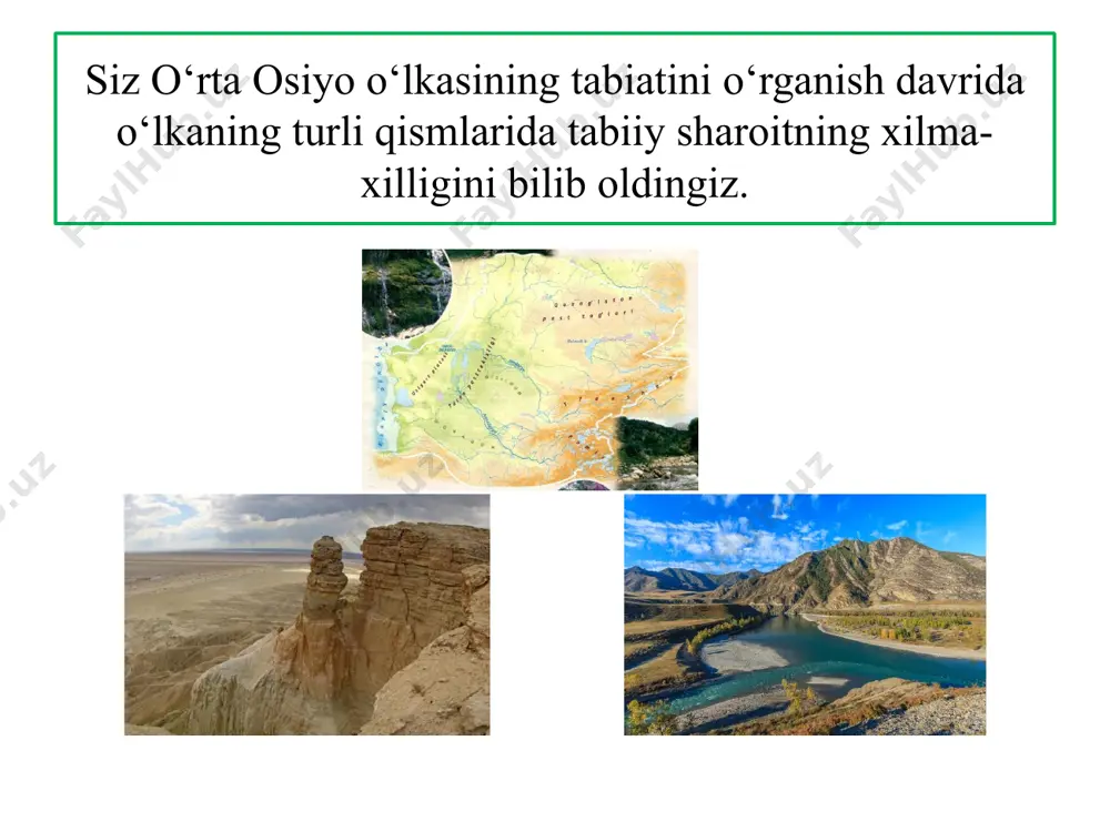 yo tabiiy o‘lkasi, qozog‘iston va тuron kichik o‘lkalari, tabiiy rayon guruhlari chegarasini atlasdan foydalanib tushiring va kichik o‘lkalar, tabiiy rayon guruhlari nomini yozib qo‘ying. © foydalanilgan adabiyotlar: p.baratov, m. mamatqulov –geografiya (o‘rta osiyo tabiiy geografiyasi. o‘zbekiston tabiiy geografiyasi) – umumiy o‘rta ta’lim maktablarining 7- sinfi uchun darslik — toshkent; „o‘qituvchi“ nmiu, 2017 / www.eduportal.uz atlas (o‘rta osiyo va o‘zbekiston tabiiy geografiyasi), 7-sinf, o‘zbekiston yer resurslari, geodeziya, kartografiya va davlat kadastri qo‘mitasi, toshkent 2017 © internet manbalari: www.eduportal.uz www.iucn.org www.ru.depositphotos.com www.docplayer.com www.uzbektravel.com www.visaapp.ru www.brsu.by www.sng.today www.spletnik.ru www.silkadv.com www.wikipedia.org www.сезоны-года.рф www.autogear.ru www.advantour.com www.ru.suntravel.uz www.centralasia-travel.com www.vsya-planeta.ru © qambarov sirojiddin tomonidan to‘plandi va tartiblandi. xatolari bo‘lishi mumkin, tekshirib ko‘ring. telegram manzil: t.me/@geography_method image1.png image2.png image3.png image4.jpeg image5.jpeg image6.jpeg image7.jpeg image8.jpeg image9.png image10.jpeg image11.jpeg image12.jpeg image13.jpeg image14.jpeg image15.jpeg image16.jpeg image17.jpeg image18.png image19.jpeg image20.jpeg image21.jpeg image22.jpeg image23.jpeg image24.jpeg image25.jpeg image26.jpeg image27.jpeg image28.jpeg image29.jpeg image30.png image31.jpeg image32.jpeg image33.jpeg image34.jpeg image35.jpeg image36.jpeg image37.png /docprops/thumbnail.jpeg
