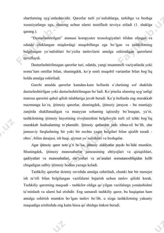 ri: narxlar, bozorni erkinlashtirish, uni isloh qilish quyidagilar: asosiy vositalarni, nomoddiy aktivlarni, aylanma mablag`larni, moliyani boshqarish kabilar iqtisodiy qaror unsurlaridir. texnologik qarorlar odatdagidan ko`ra kengroq ahamiyatga ega, shuningdek, texnologiya ishlab chiqarishga joriy etilgan unsurlar ishlab chiqaruvchi qismga aylantiriladigan har qanday vositadir, bu nafaqat mashina-mexanizmlarni, asboblarni, balki, ishchilarning bilim va ko`nikmalarini ham o`z ichiga oladi. tashkilot doimiy ravishda texnologik qarorlar qabul qilishi kerak, chunki texnologiya bir vaqtning o`zida ichki o`zgaruvchan va tashqi ahamiyatga ega tashqi omildir. texnologik qarorlar butun tashkilotning samaradorligiga ta’sir qiladi, ayniqsa bu kompyuter, lazer, mikroto`lqinli, yarimo`tkazgichli texnologiyalar, o`rnatilgan aloqa liniyalari, robototexnika, gen muhandisligi va boshqalarda namoyon bo`ladi. misol uchun, faqat zamonaviy axborot texnologiyalari sohasida to`g`ri texnologik qarorlar tashkilotdagi axborot almashinuvini takomillashtirishga, elektron pochtadan foydalanishga yordam beradi, bu an’anaviy ravishda tugatilmagan telefon suhbatlari oqimini sezilarli darajada kamaytiradi. innovatsion qarorlar, ayniqsa, milliy iqtisodiyotni isloh qilishning yangi murakkab bosqichida muhimdir. innovatsion jarayon innovatsion o`zgarishlarni tayyorlash va amalga oshirishdir. o`zgaruvchan raqobat sharoitida …