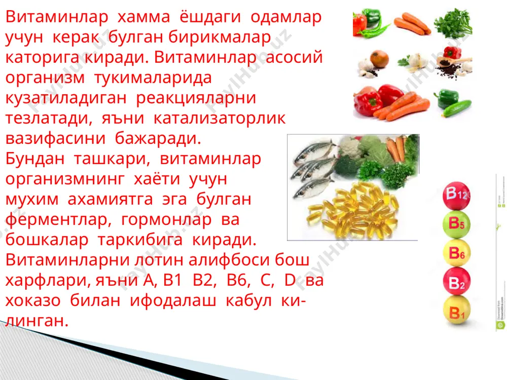 и микдори узгаради, бу билан азот баланси силжийди, диспротеинемия юзага чикади, жигар, буйрак, ти­мус, талок ва бошка аъзоларда оксил синтези бузилади. витамин етишмаслигининг организмдаги модда алмашинувига салбий таъсири иммун системада хам уз аксини витамин к. витамин к нинг энг асосий биологик ахамияти у жигарда к,он ивишини таъминловчи ок.силлар синтезида катнашишидан иборат. витамин к эркин радикал реакцияларининг ва пероксидларнинг мембраналарга ёпишиши тухташига ижобий таъсир килади. тукималарга нур таъсир этганда витамин к мембраналарни бир меъёрда саклашгa ёрдам беради ва худди витамин е каби мембраналарнинг гормон рецепторлари сезгирлигини оширади. витамин к етишмаслиги кон ивишини секинлаштира- ди, натижада кон кетиши ва геморрагик белгилар ривож- ланишига имконият тугдиради. глютамин кислотанинг у-карбоксилланиши факатгина витамин к микдорига эмас, балки мембраналардаги фосфолипидлар микдорига хам боглик. авитаминоз к холларида хужайра мембраналари тар- кибий кисмларининг сифатий узгаришлари билан бирга, мембрана таркибидаги холестерин микдори камайиши хам аникланган. витамин е (токофероллар). витамин е ни бошка ёгда эрувчи витаминлар билан биргаликдаги асосий вазифаси …