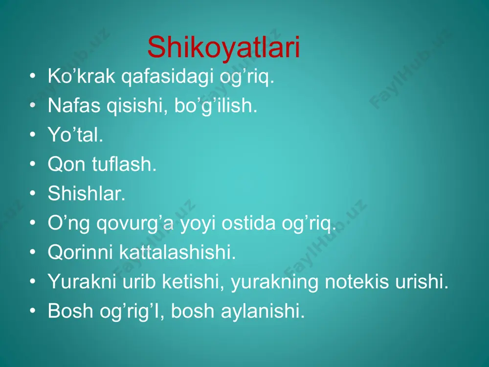 di, yurakda qon oqimi kuchayadi. bo’g’ilish. chap qorincha yetishmovchiligi sindromini to’satdan o’tkir boshlanishi bilan bog’liq bo’lib, bunga alveolyar yoki interstitsial o’pka shishlari olib keladi. interstitsial o’pka shishi (yurak astmasi) xurujsimon boshlangan bo’g’ilish, ortopnoe holat, o’pkaning orqa pastki qismlarida mayda pufakchali jarangsiz nam xirillashlar. alveolyar o’pka shishi plazmaning alveola bo’shlig’iga shimilishiб keyin esa traxeya va bronxlarga o’tishi, to’satdan bo’g’ilishni boshlanishi biqirlagan nafas, ko’pikli pushti balg’am o’pkaning barcha yuzalarida kata pufakchali nam xirillashlarlar. chap qorincha yetishmovchiligi sindromi sabablari. aortal nuqsonlar. mitral yetishmovchilik. arterial gipertenziya. koronar yetishmovchilik. o’ng qorincha yetishmovchiligi sindromi sabablari. shishlar (oyoqlarda kechki paytlarda) o’ng qovurg’a ostida og’riqlar. qorin shishi (assit) o’ng qorincha yetishmovchiligi sindromi. sabablari: mitral nuqsonlar. uch tabaqali klapan yetishmovchiligi. bir qancha tug’ma yurak nuqsonlari. o’pka emfizemasi, pnevmoskleroz. ritm buzilish sindromi. yurak urishi. yurakning notekis urishi. yurakda noxushlik, yurak to’xtashi. qisqa vaqt hushini yo’qotish. sabablari: miokarditlar. yuik. yurak nuqsonlari. arterial bosimning oshish sindromi. bosh og’rig’i (ensa sohasida ko’proq) bosh …