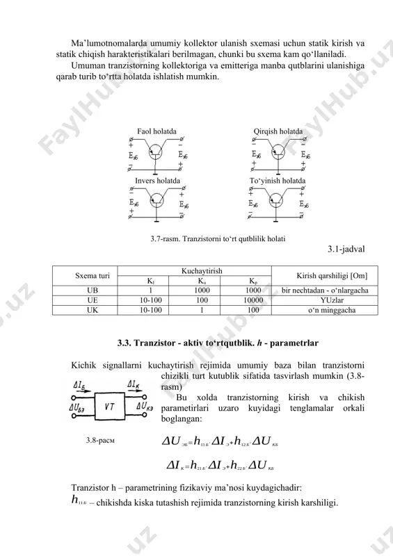 rab turib elektr signallarini har xil kuchaytiradilar. 3.10-rasmda eng sodda kuchaytirish sxemalari r-n-r tranzistor orqali tashkil qilingan (3.10, a-rasmda umumiy baza ulanish sxemasi, 3.10, b-rasmda umumiy emitter ulanish sxemasi, 3.10, v-rasmda umumiy kollektor ulanish sxemasi ko‘rsatilgan) tranzistorli kuchaytirgichlarning asosiy ko‘rsatkichlari quyidagicha: tok bo‘yicha kuchaytirish koeffitsienti (3.10) kuchlanish bo‘yicha kuchaytirish koeffitsienti (3.11) quvvat bo‘yicha kuchaytirish koeffitsienti (3.12) kirish qarshiligi (3.13) 3.10-rasm keltirilgan sxemalar uchun tok bo‘yicha, kuchlanish bo‘yicha, quvvat bo‘yicha kuchaytirish koeffitsienti quyidagicha aniqlanadi. umumiy baza ulanish sxemasi uchun ; (3.14) ; (3.15) (3.16) umumiy emitter ulanish sxemasi uchun ; (3.17) ; (3.18) (3.19) umumiy kollektor ulanish sxemasi uchun ; (3.20) ; (3.21) (3.22) keltirilgan ifodalardan ko‘rinib turibdiki tok bo‘yicha, kuchlanish bo‘yicha, quvvat bo‘yicha kuchaytirish koeffitsienti ulanish sxemasiga hamda sxemaning kirish qarshiligiga bog‘liq. image7.png image8.png image9.png image10.wmf oleobject2.bin image11.png image12.png image13.wmf oleobject3.bin image14.png image15.png image16.png image17.jpeg image18.wmf oleobject4.bin image19.wmf oleobject5.bin image20.wmf oleobject6.bin image21.wmf oleobject7.bin image22.wmf oleobject8.bin image23.wmf oleobject9.bin image24.wmf oleobject10.bin image25.wmf …