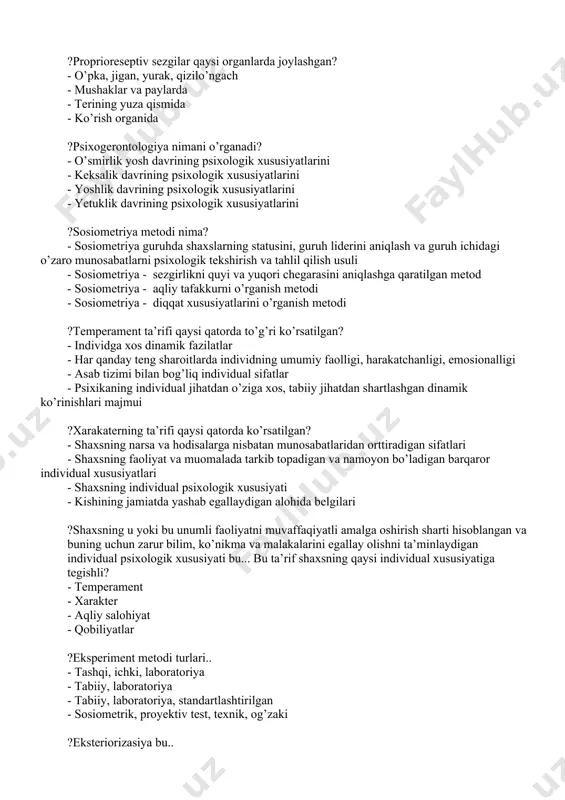 jamiyat tomonidan qo’yilgan talablarni bajarishi - shaxsning jamiyatdagi biron- bir vaziyatdagi bajarishi lozim bo’lgan xatti- harakatlari - jamiyatning o’z a’zolari xul- atvoriga, ko’pchilik tomonidan e’tirof etilgan harakatlarga nisbatan talablardir - shaxsning ko’pchilikning fikriga qarshi borishi ?ijtimoiy sanksiya – bu …. i - normalarning shaxs xulqida namoyon bo’lishini nazorat qiluvchi jazo va rag’batlantirish mexanizmlar - shaxsning ijtimoiy normalarni bajarishi - jamoat tomonidan shaxsga qo’yiladigan talablar - shaxsning ijtimoiy muhit ta’sirida vujudga kelgan xatti- harakatlari ?psixologiyada refleksiya deb nimaga aytiladi? - aynan o’ziga o’xshash odamlar obrazi orqali o’zi to’g’risidagi obrazni shakllantirishdir - shaxsning o’zini o’rab turgan kishilardan ta’sirlanishi - shaxsning ma’lum bir vaqtda bajarishi lozim bo’lgan xatti- harakatlari - shaxsning ijtimoiy muhit ta’sirida vujudga kelgan xatti- harakatlari ?psixodiagnostika nima? - shaxsni psixologik xususiyatlarini uning psixik nuqsonlarini va bu nuqsonlarning sabablarini maxsus psixologik metodlar yordamida o’rganish, aniqlash; - shaxs kamoloti va intelektual taraqqiyoti jarayonida vujudga kelishi mumkin bo’lgan psixologik buzilish nuqsonlarni oldini olish; …