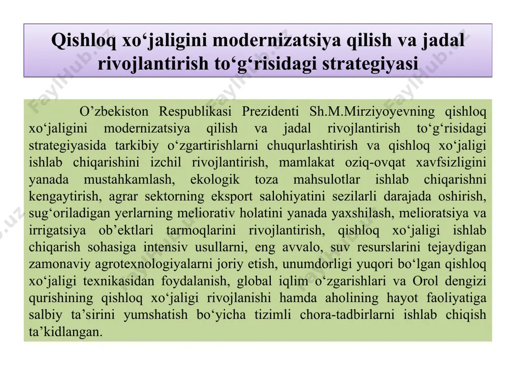 lar tushuniladi. sho‘rlangan tuproqlar, asosan, chalacho‘l va cho‘llar mintaqasida, daryolarning quyi oqimida joylashgan allyuvial tekisliklarda tarqalgan. orol dengizi havzasida tarqalgan sho‘rlangan tuproqlar ko‘proq cl- , so4 2- , co3 2- , hco3 - anionlar va сa2+, mg2+, na+ kationlarning o‘zaro ekvivalent miqdorda reaksiyaga kirishi natijasida hosil bo‘lgan tuzlar asosida shakllangan. tuproqlarning sho’rlanish sabablari bu tuzlarning o‘simlikka zararli ta’siri ularning suvda eruvchanlik darajasiga bog‘liq. shuni nazarda tutgan holda eng zararli tuzlarga nacl (osh tuzi), cacl2 (xlorli kalsiy) va mgcl2 (xlorli magniy) kiritilgan. kam zararli tuzlarga mgso4 (taxir tuz), caso4*2h2o (gips) mansubdir. tabiiy sharoitda tog‘ jinsining parchalanishi natijasida har xil kattalikdagi zarrachalar hosil bo‘ladi. asosiy omillar va sharoitlarning o‘zaro chambarchas bog‘liq bo‘lgan va muntazam ta’siri natijasida hosil bo‘lgan tuproqda o‘ziga xos fizik va fizik-mexanik xususiyatlar shakllanadi. inson mehnati va fan-texnika taraqqiyoti ta’sirida tuproq hosil bo‘lish jarayoni, uning xususiyatlari shakllanishi ma’lum darajada o‘zgaradi, tuproq madaniylashadi, yashirin va samarador unumdorlik ortadi. respublikaning sug’oriladigan dehqoncnilik …