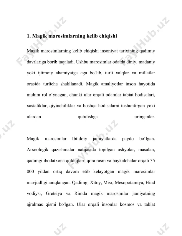 qodlari, diniy amaliyotlar hamda mahalliy an’analar bilan boyitilgan. o‘zbekiston hududida yashagan qadimgi xalqlar va qabilalar turli marosimlar orqali tabiat hodisalarini tushuntirishga, uni boshqarishga yoki o‘zgartirishga, shuningdek, turmushdagi muammolarga yechim topishga intilganlar. ushbu marosimlarning ba’zilari bugungi kungacha saqlanib qolgan va xalqaro etnografiya sohasida qiziqish uyg‘otib keladi. o‘zbekistonda magik marosimlar asosan tabiatni anglash, mo‘l-ko‘lchilikka erishish, himoya qilish, shifo topish va omad keltirish maqsadida amalga oshirilgan. bu marosimlar ko‘pincha qadimgi xalq e’tiqodlari, islomgacha bo‘lgan urf-odatlar va islom festivallari bilan uyg‘unlashgan. marosimlarda turli xil obyektlar, masalan, suv, olov, tuproq va havodan foydalanilgan. birinchidan, "navro‘z" bayramini alohida ta'kidlash lozim. bu bayram asosida xalq e’tiqodida yangi yilning boshlanishi sifatida qabul qilingan kunlarning bir qismi oilaviy va mahalliy bayramlar bilan nishonlanadi. ushbu kunlarda turli xil magik amallar, masalan, suv, yong‘in va o‘simliklardan foydalanib o‘tkazilgan marosimlar amalga oshiriladi. marosimlar jarayonida xalq "bahor otalarini uyg‘otish" va "er yuzini yangilash" maqsadida qilinadigan turli qilingan urf-odatlar, masalan, soyasiga suv sepish va …